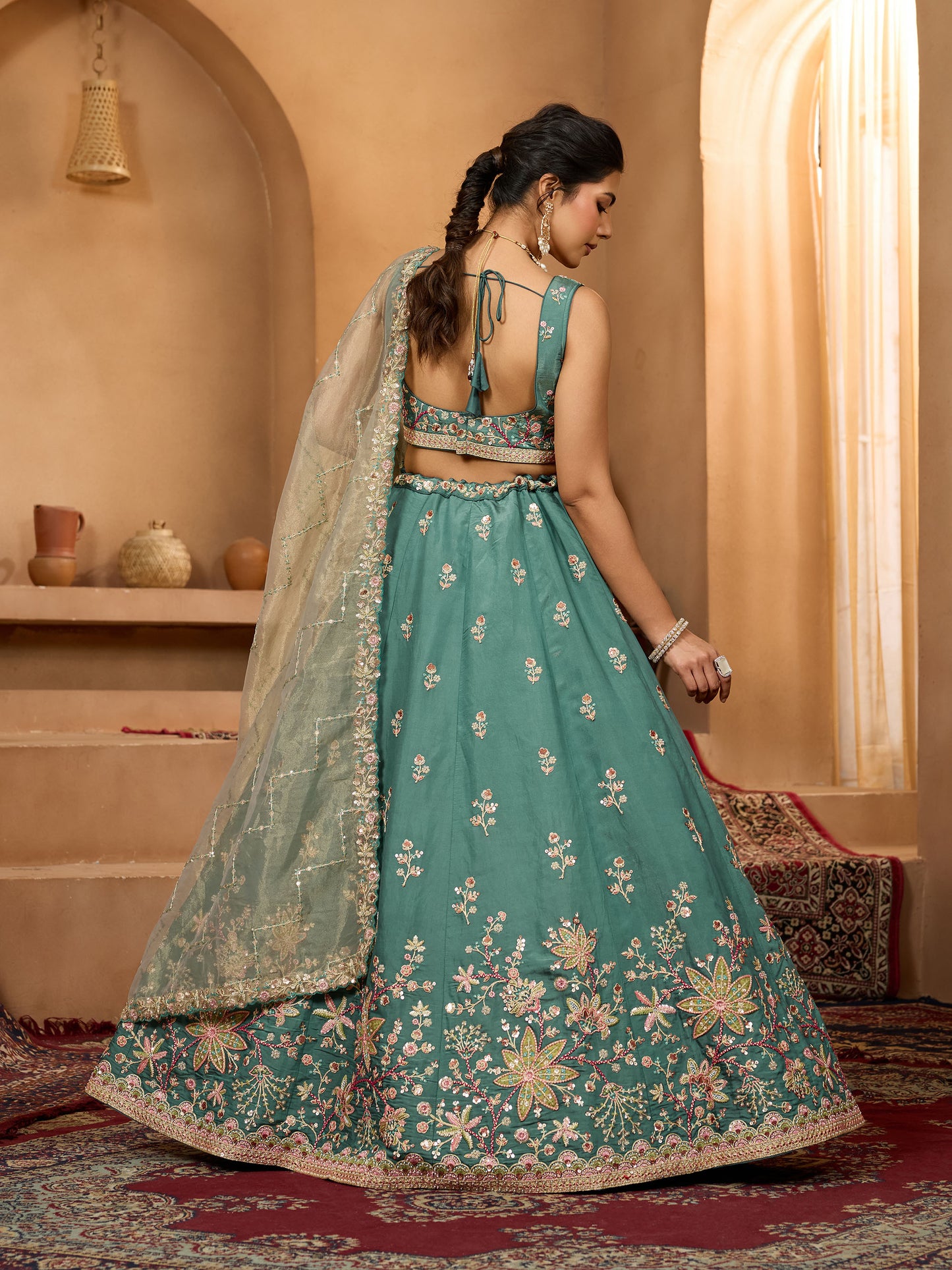 Green Georgette Sequins Embroidery Wedding Guest Lehenga