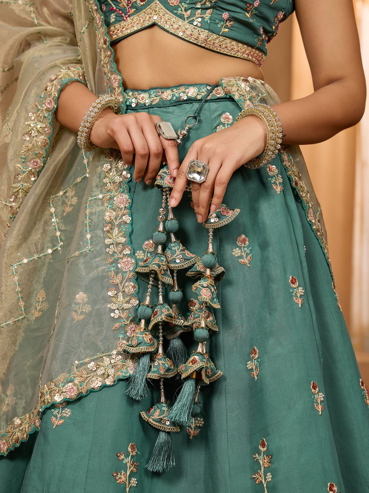 Green Georgette Sequins Embroidery Wedding Guest Lehenga