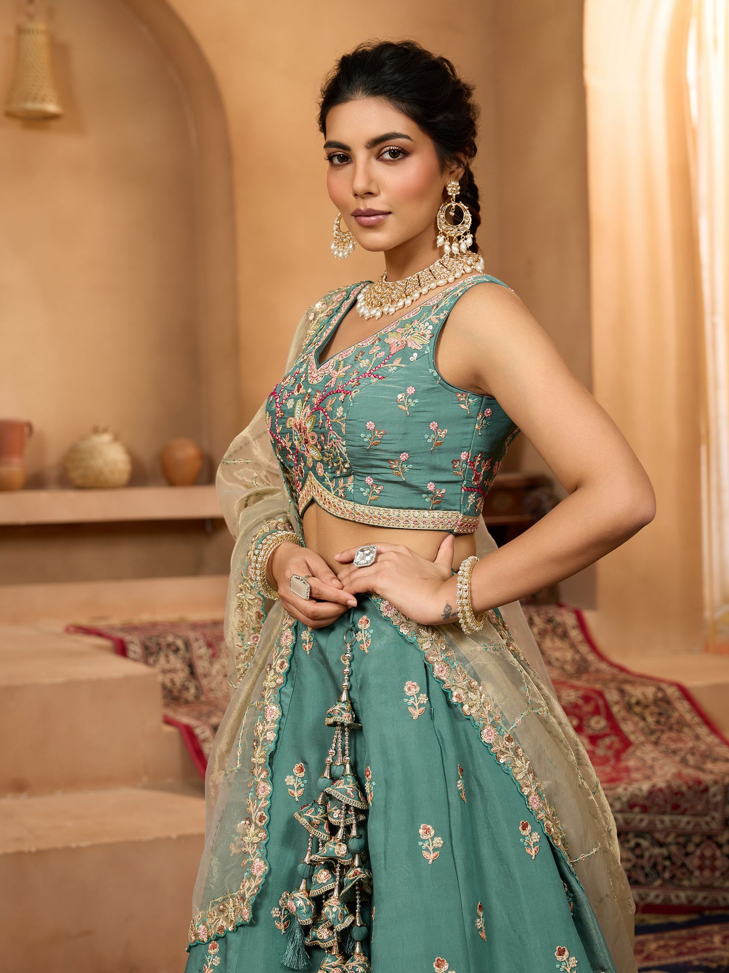 Green Georgette Sequins Embroidery Wedding Guest Lehenga