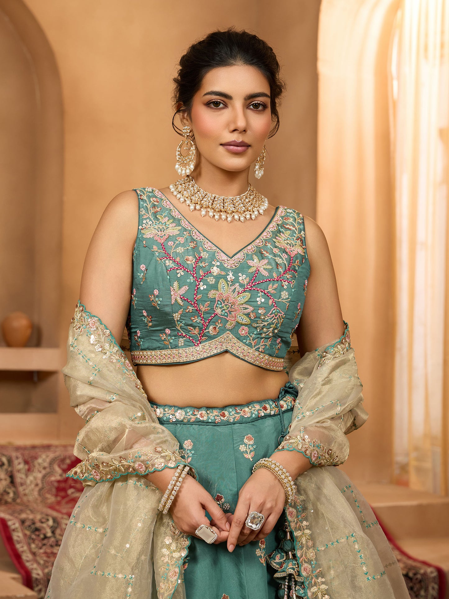 Green Georgette Sequins Embroidery Wedding Guest Lehenga
