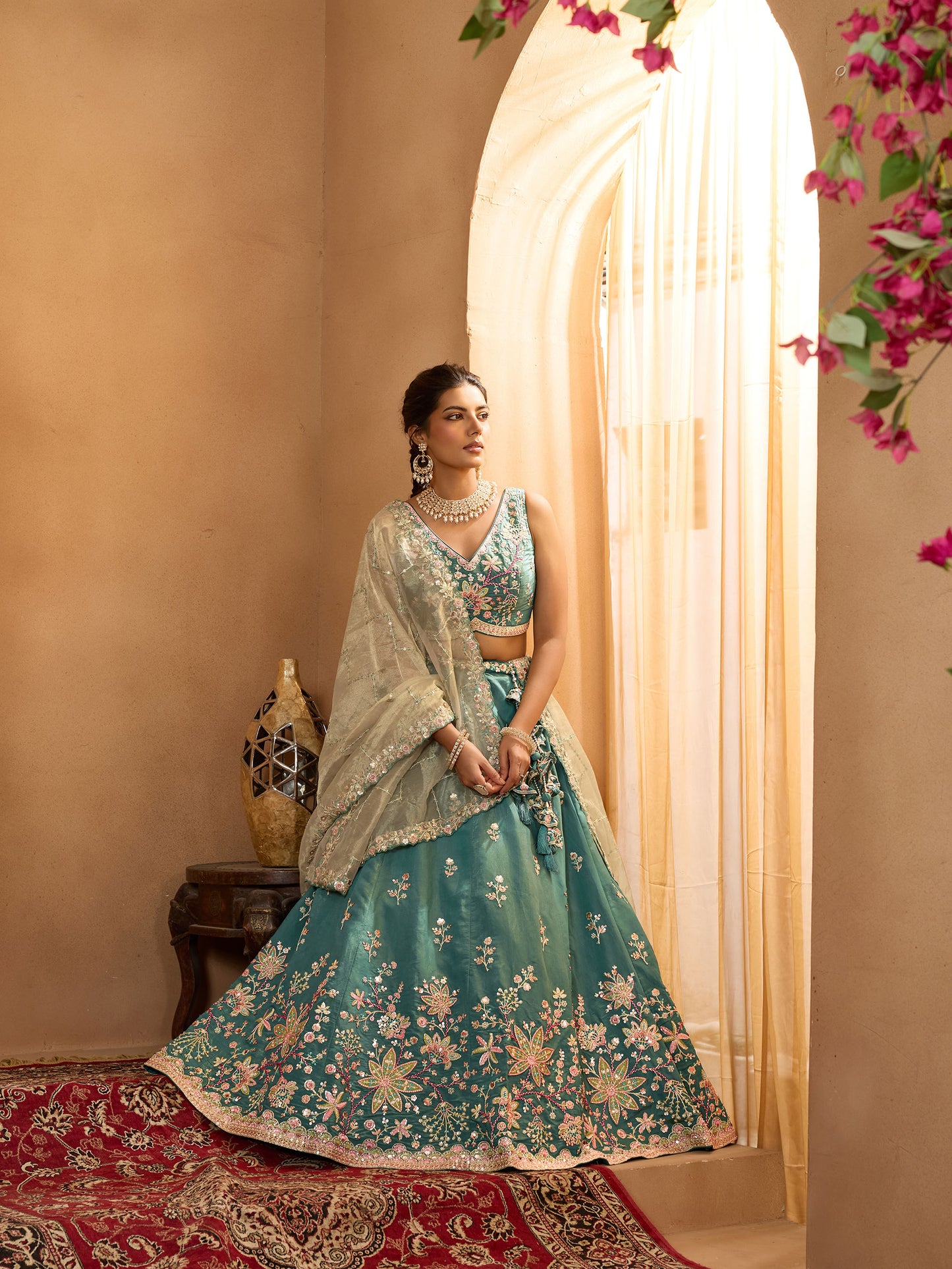 Green Georgette Sequins Embroidery Wedding Guest Lehenga