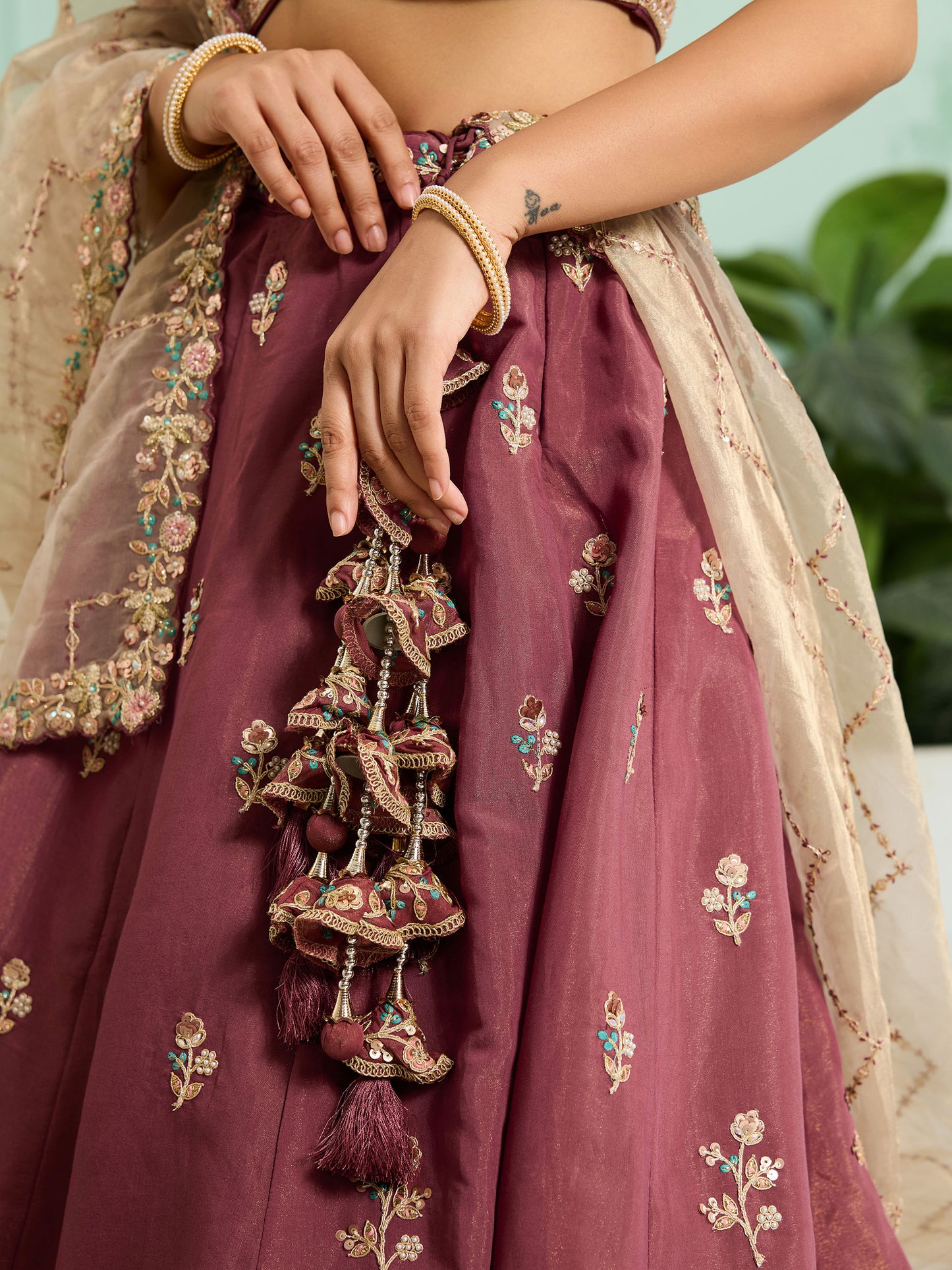 Rose Gold Georgette Sequins Embroidery Wedding Guest Lehenga