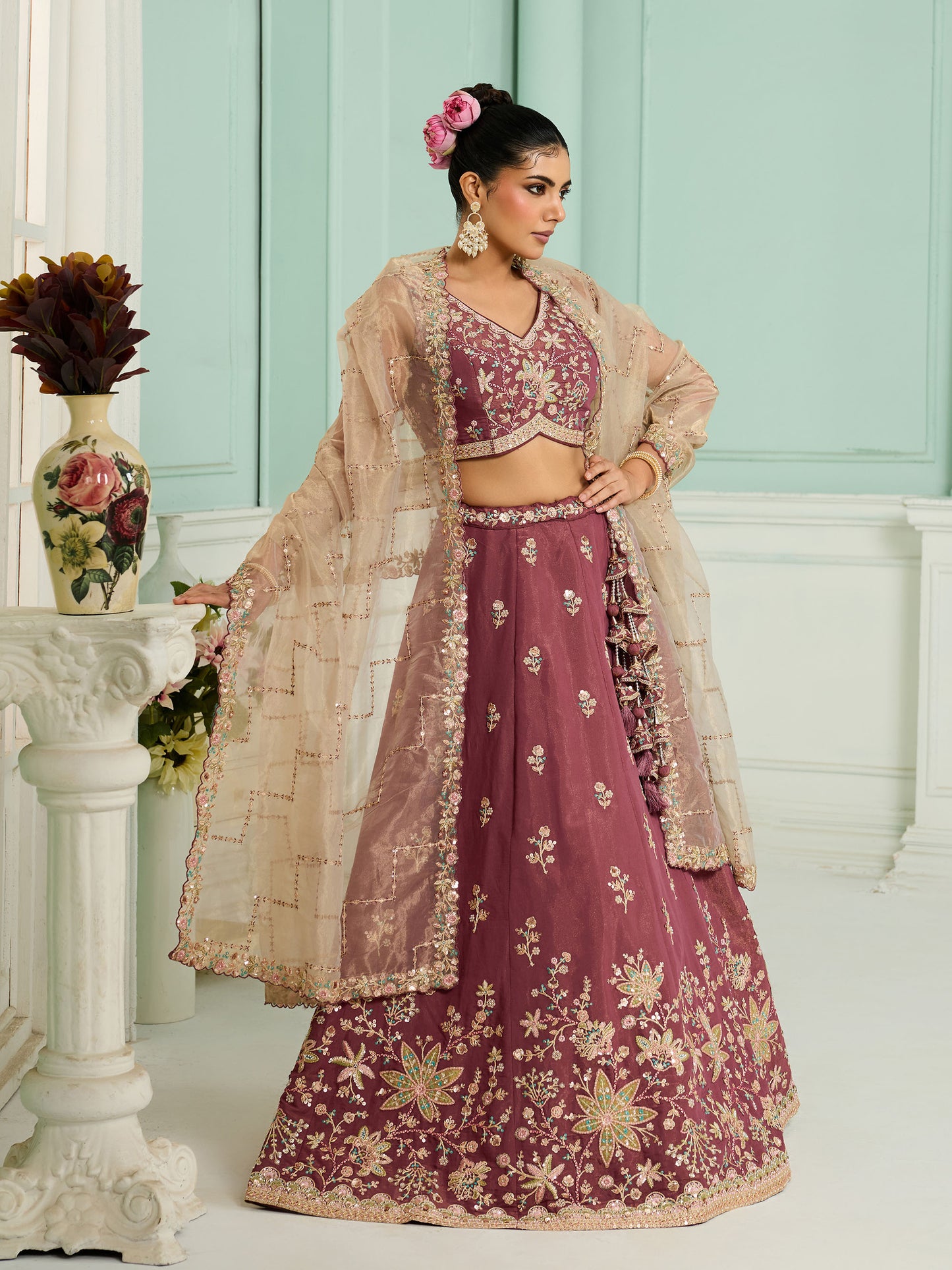 Rose Gold Georgette Sequins Embroidery Wedding Guest Lehenga