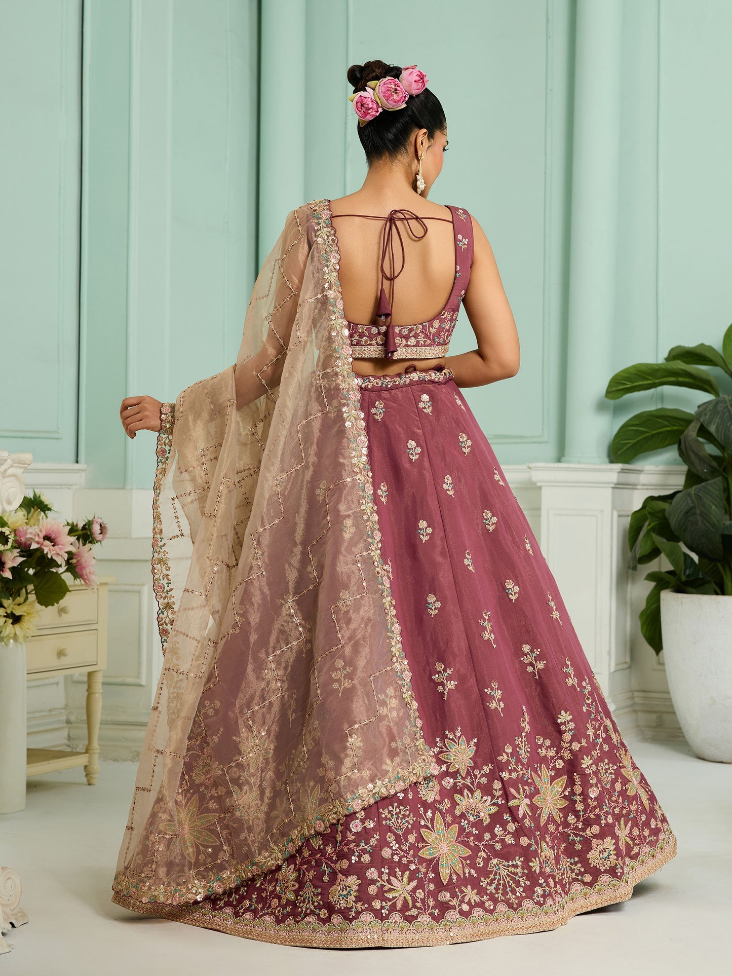 Rose Gold Georgette Sequins Embroidery Wedding Guest Lehenga