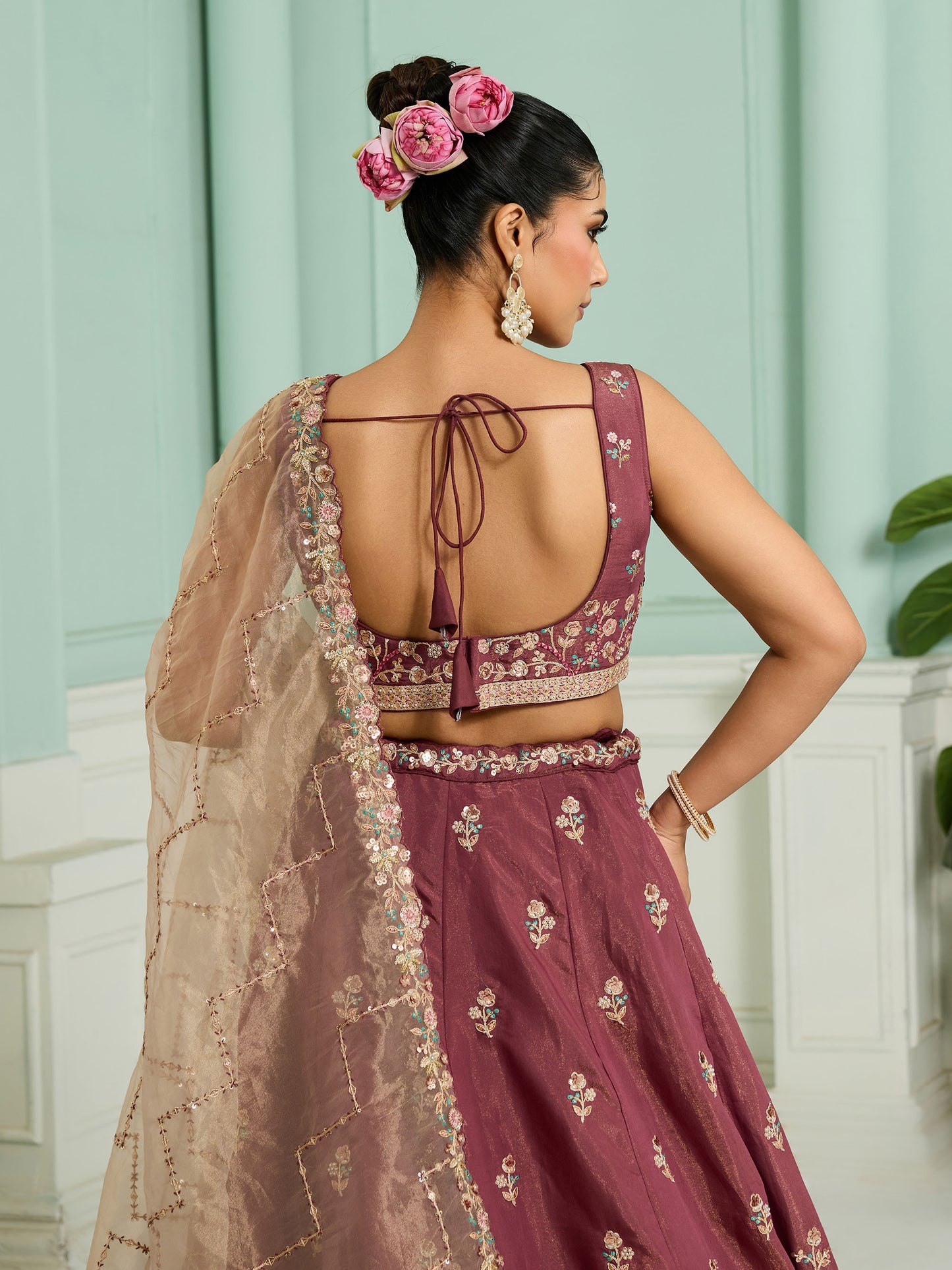 Rose Gold Georgette Sequins Embroidery Wedding Guest Lehenga
