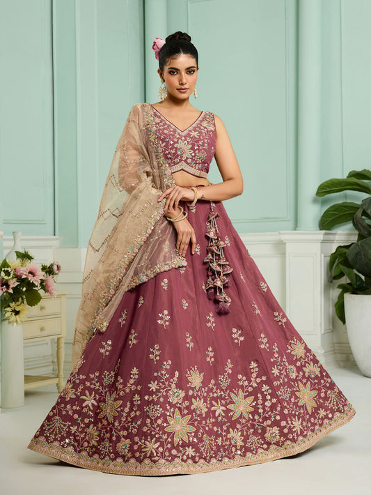 Rose Gold Georgette Sequins Embroidery Wedding Guest Lehenga