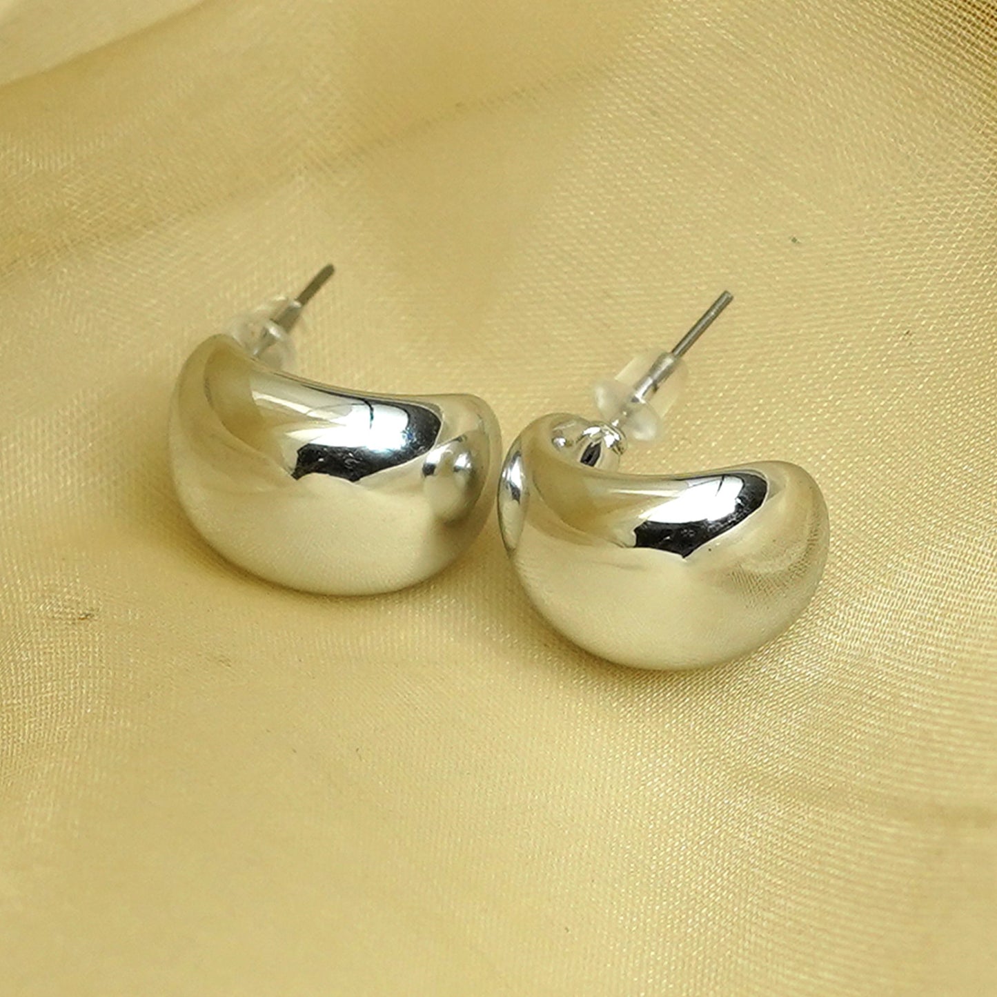 Zevar Club Glossy Silver Tone Stainless Steel Tarnish Free Waterproof Chunky Sculpted Half-Hoop Earrings for Women