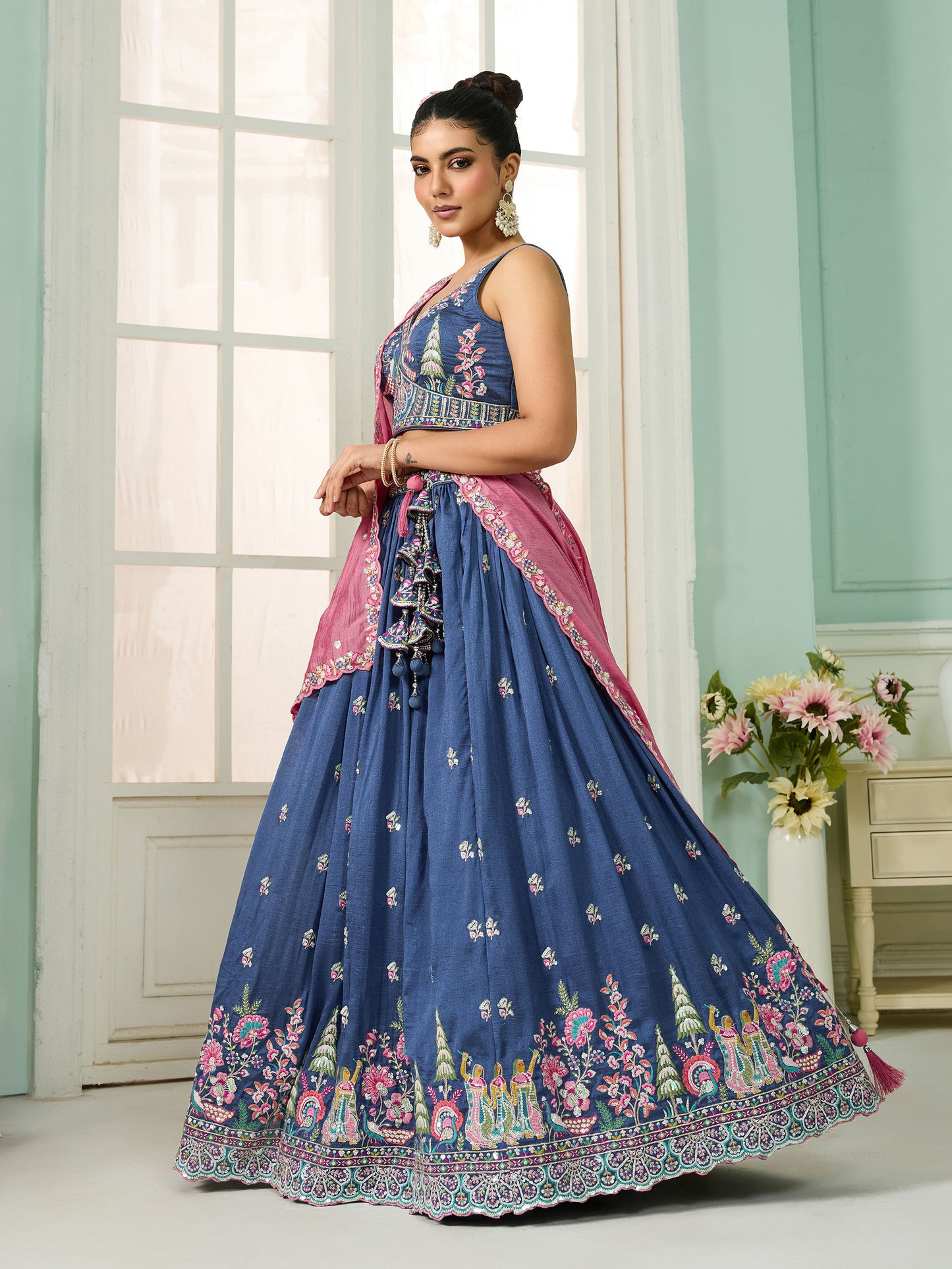 Blue Vichatra Silk Sequins Embroidery Wedding Guest Lehenga