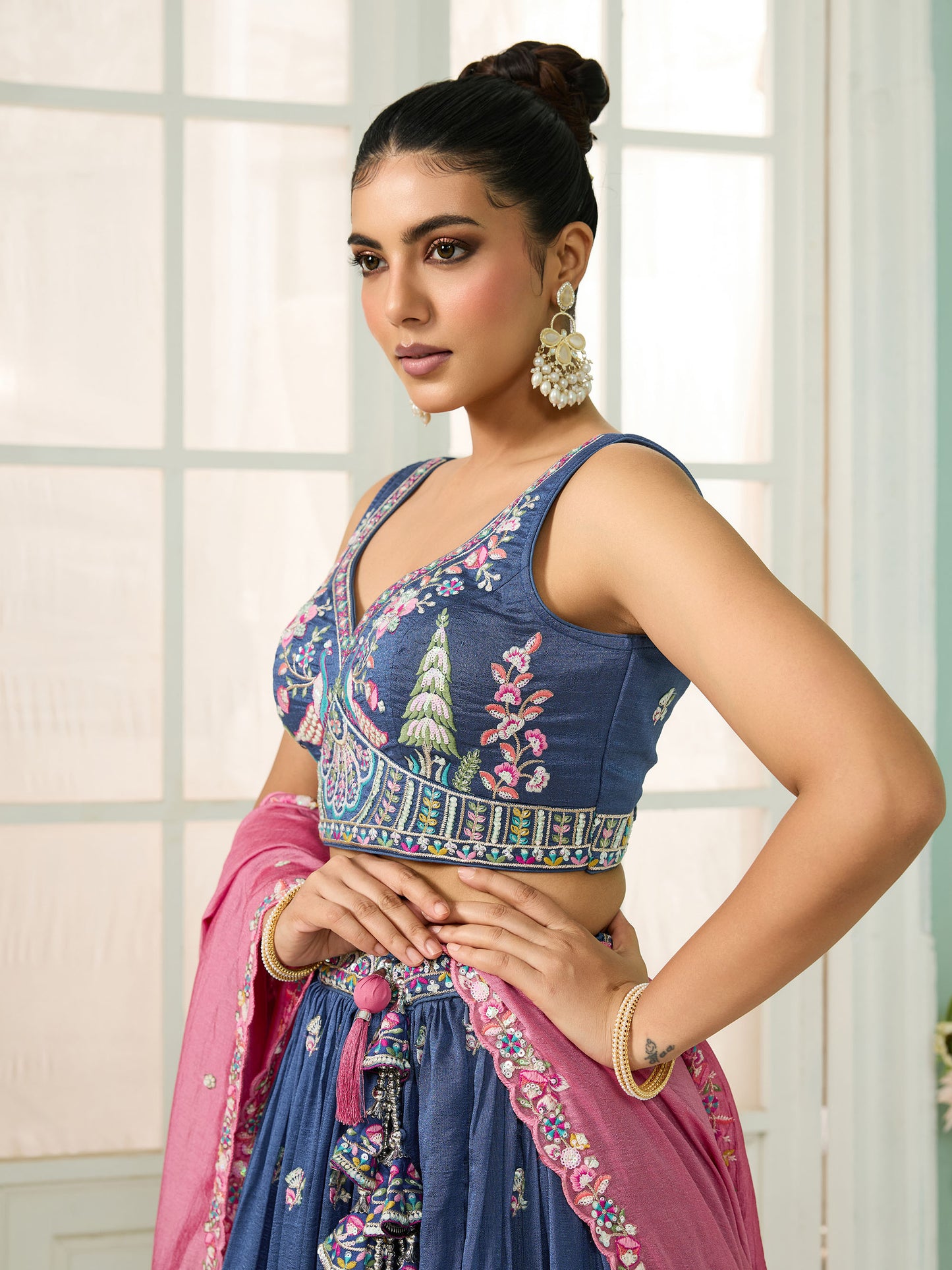 Blue Vichatra Silk Sequins Embroidery Wedding Guest Lehenga