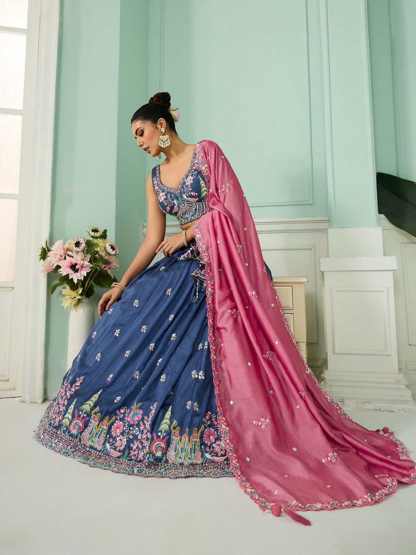 Blue Vichatra Silk Sequins Embroidery Wedding Guest Lehenga