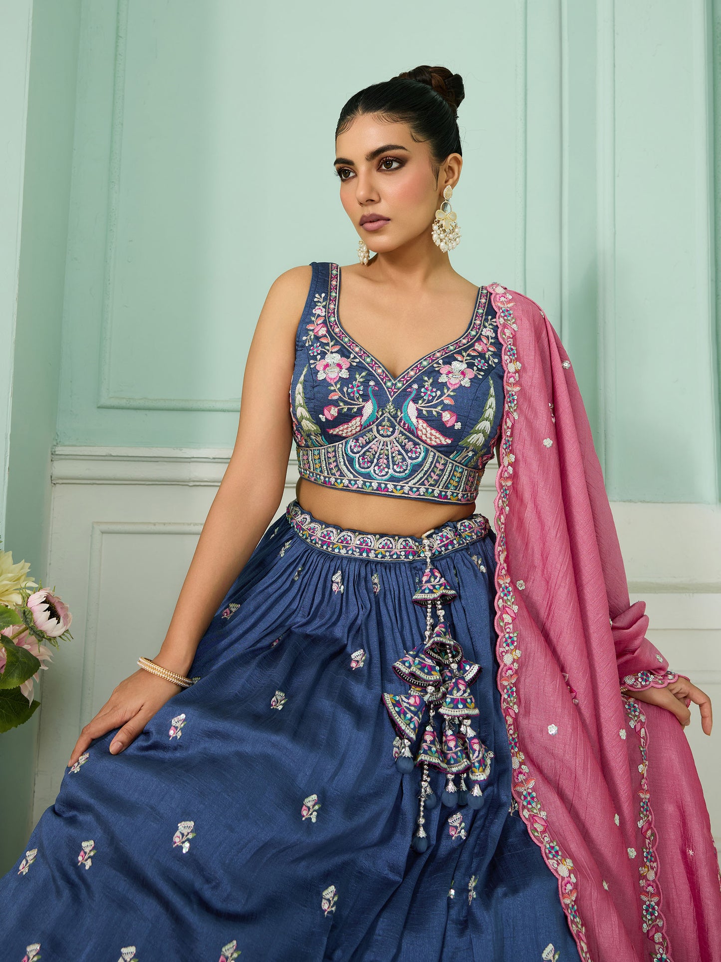 Blue Vichatra Silk Sequins Embroidery Wedding Guest Lehenga