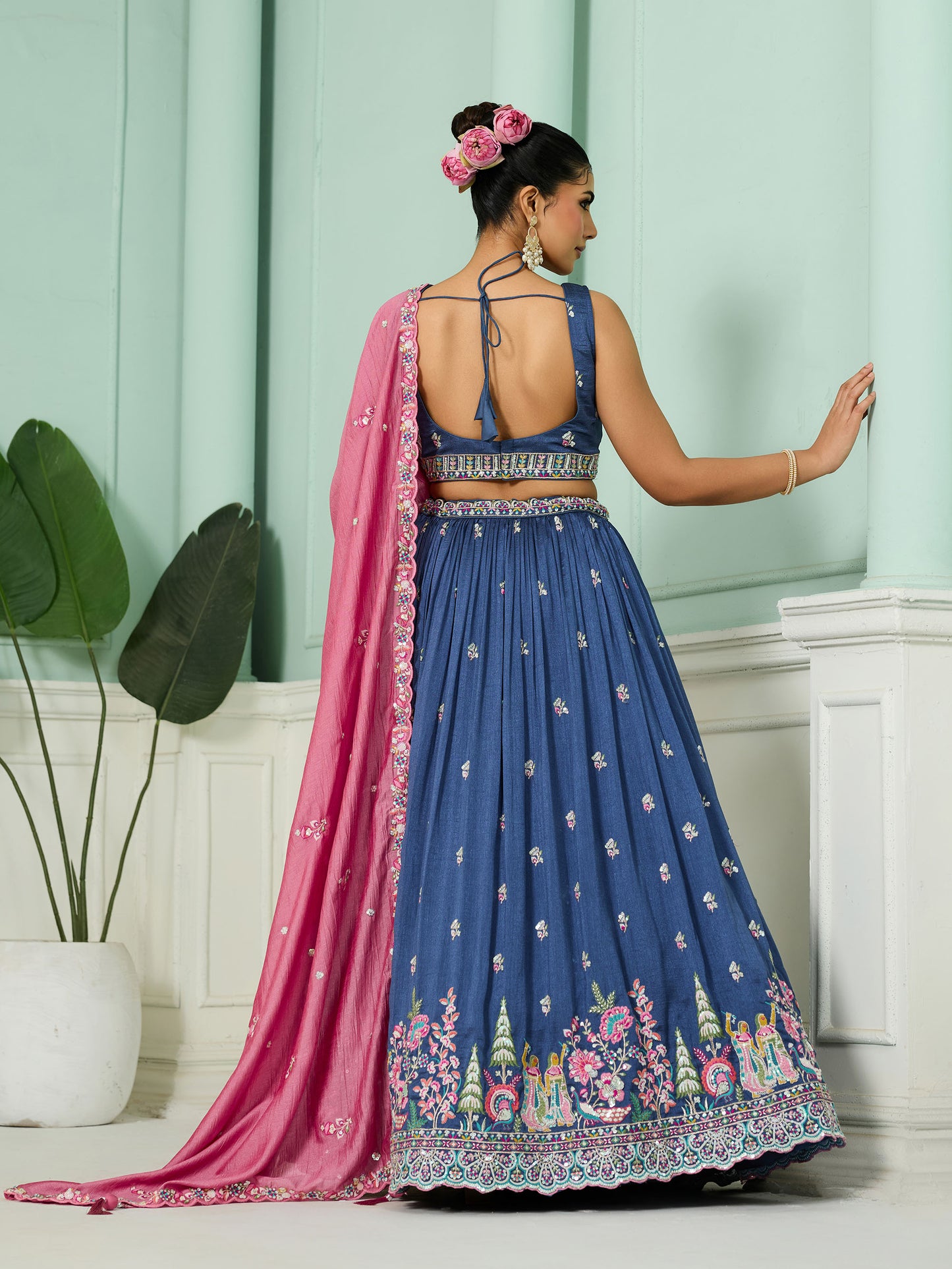 Blue Vichatra Silk Sequins Embroidery Wedding Guest Lehenga