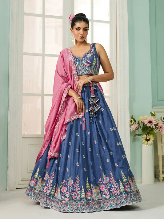 Blue Vichatra Silk Sequins Embroidery Wedding Guest Lehenga