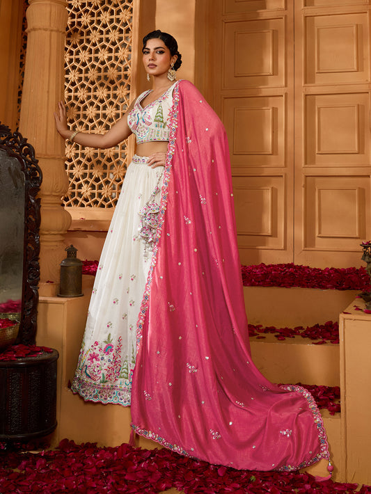 Cream Vichatra Silk Sequins Embroidery Wedding Guest Lehenga