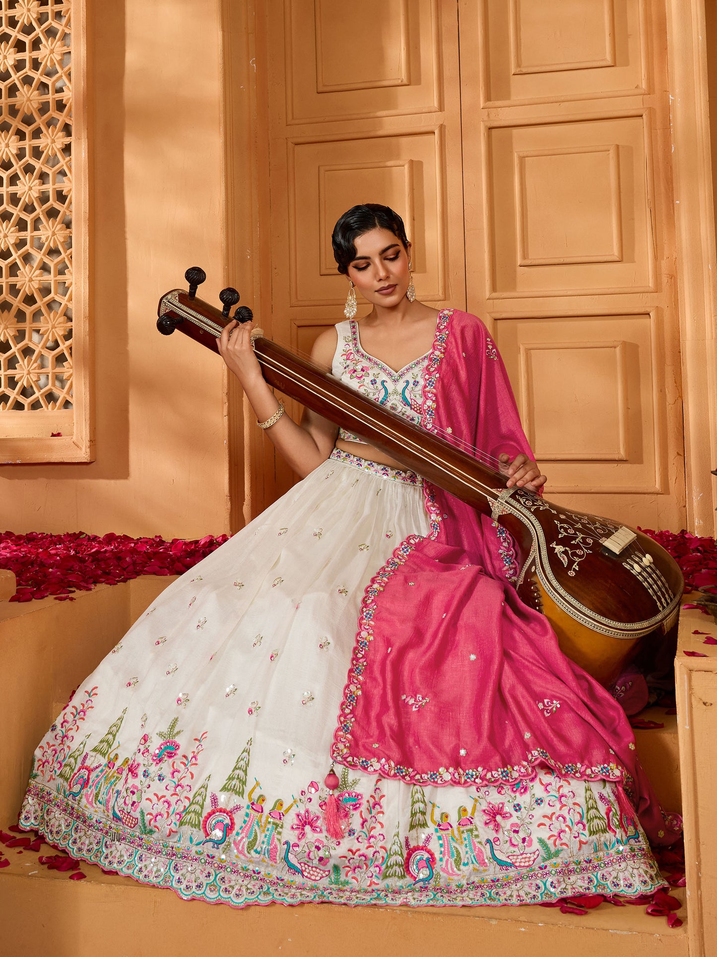 Cream Vichatra Silk Sequins Embroidery Wedding Guest Lehenga