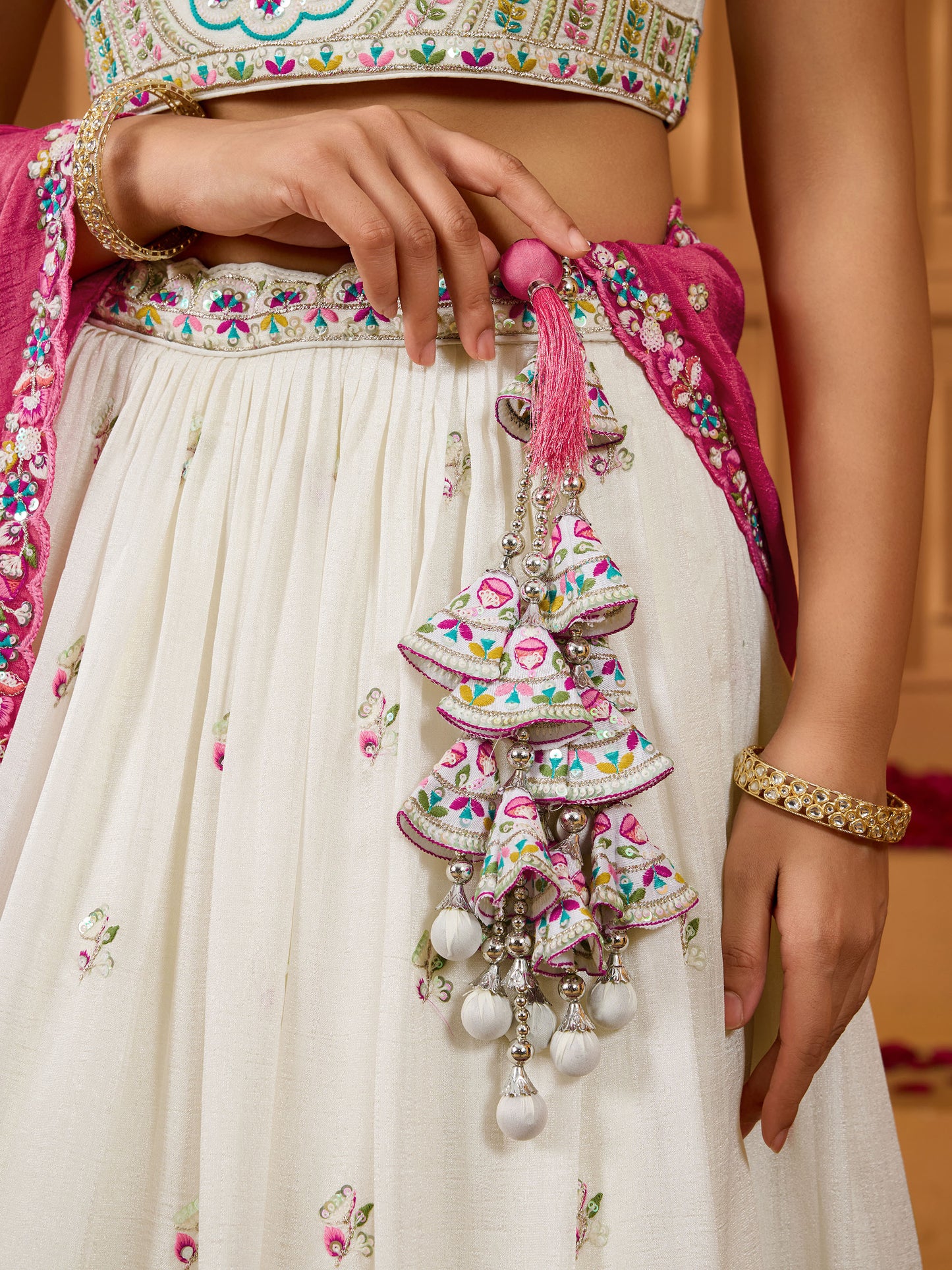 Cream Vichatra Silk Sequins Embroidery Wedding Guest Lehenga