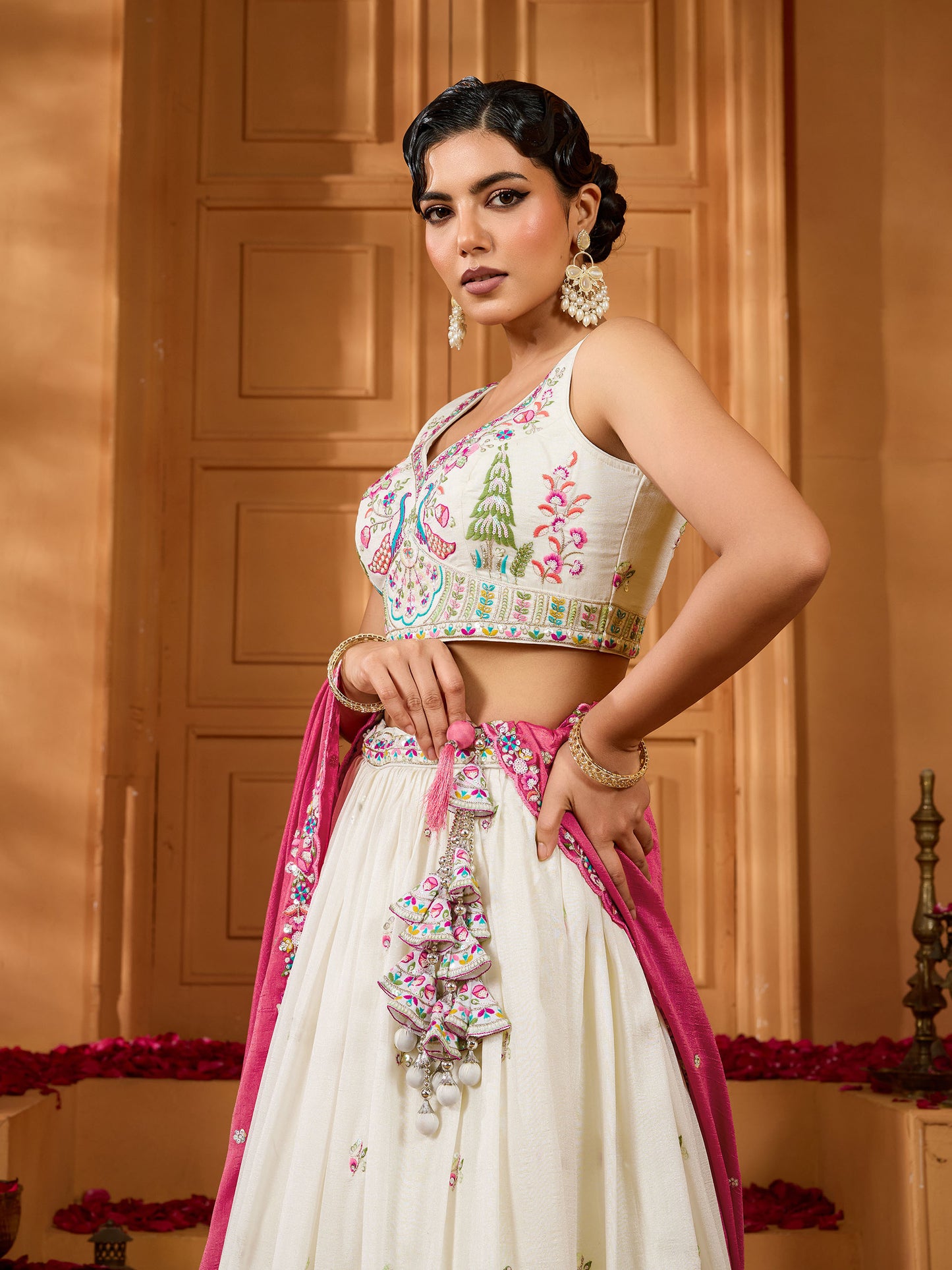 Cream Vichatra Silk Sequins Embroidery Wedding Guest Lehenga