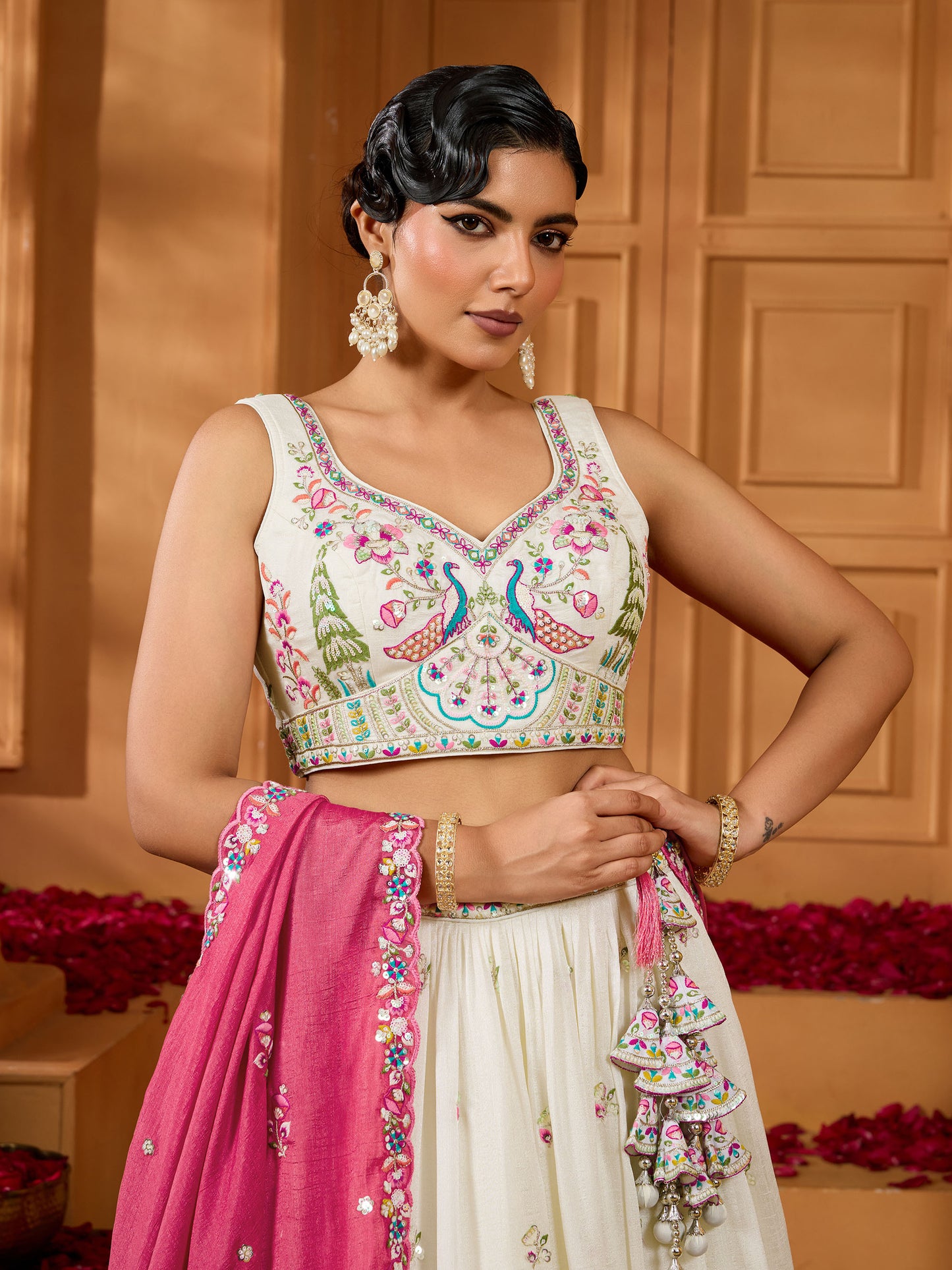Cream Vichatra Silk Sequins Embroidery Wedding Guest Lehenga