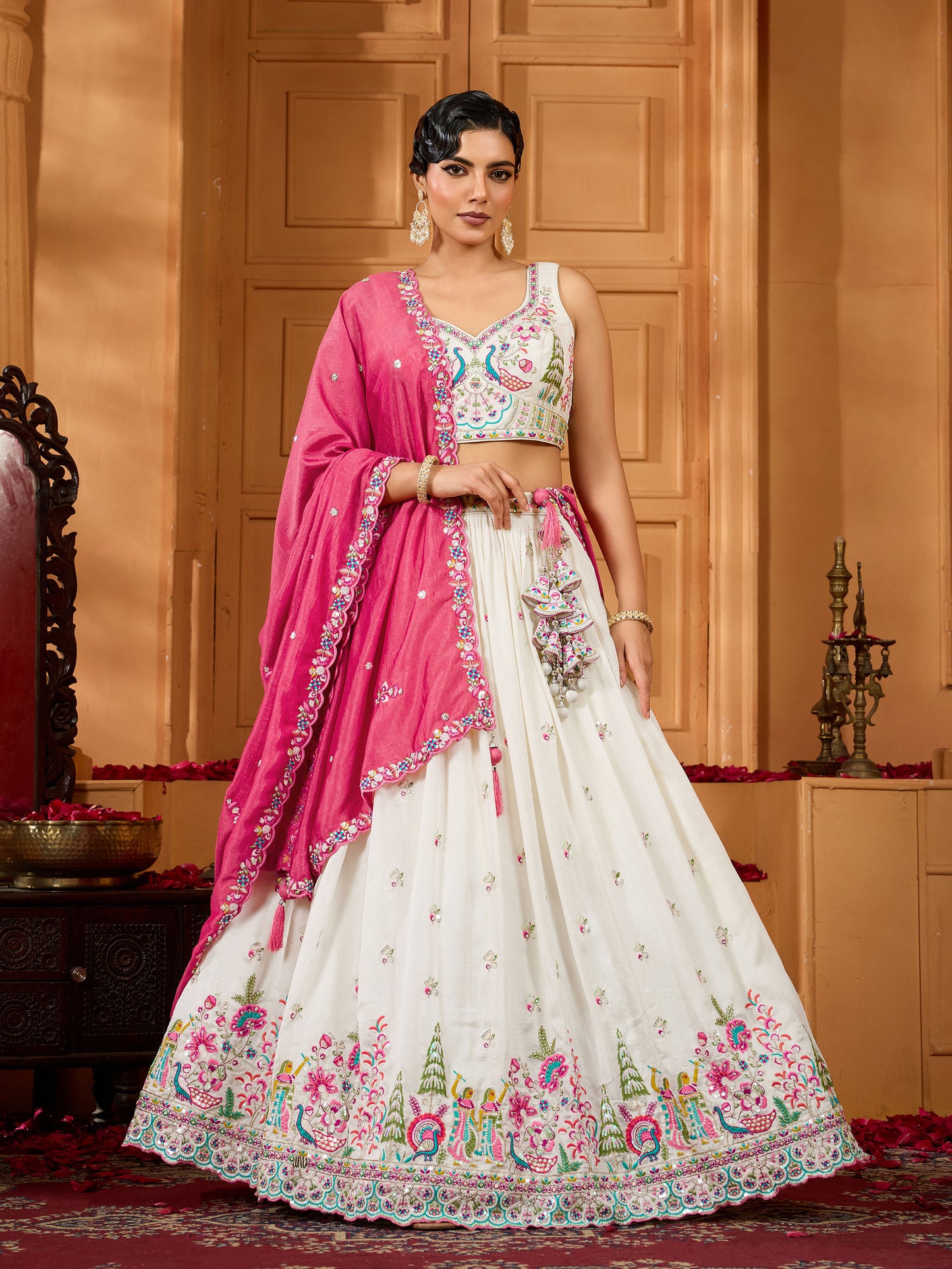 Cream Vichatra Silk Sequins Embroidery Wedding Guest Lehenga