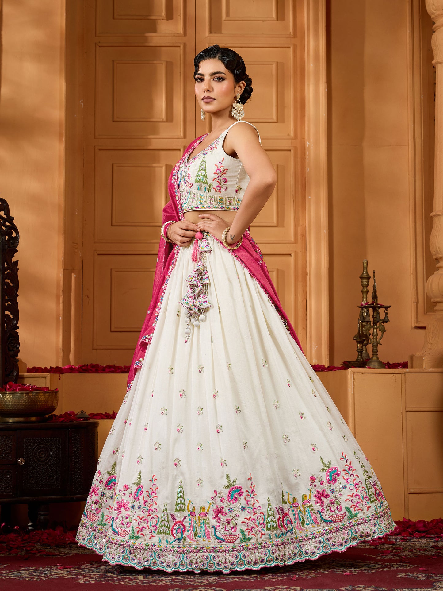Cream Vichatra Silk Sequins Embroidery Wedding Guest Lehenga