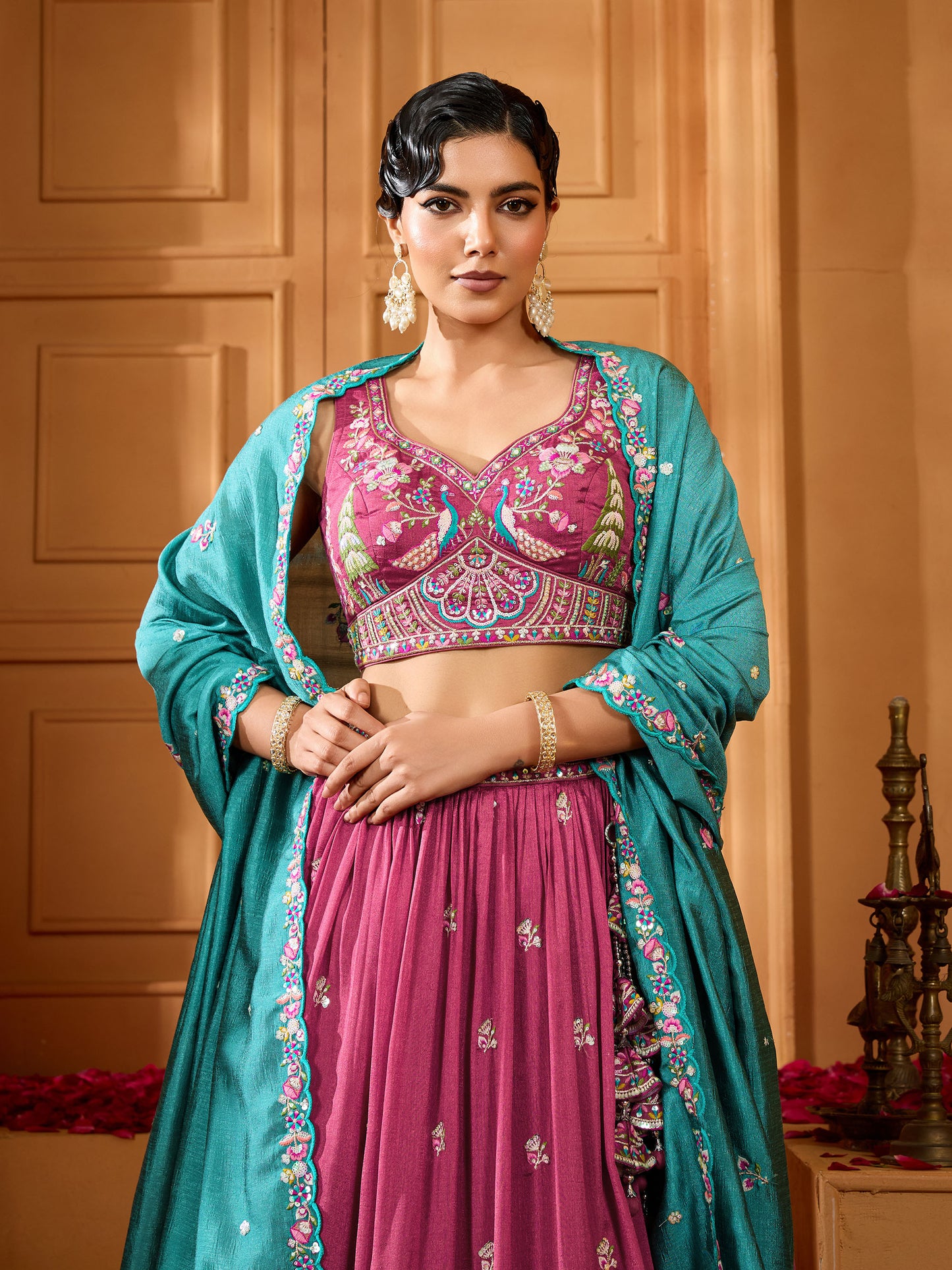 Rose Gold Vichatra Silk Sequins Embroidery Wedding Guest Lehenga