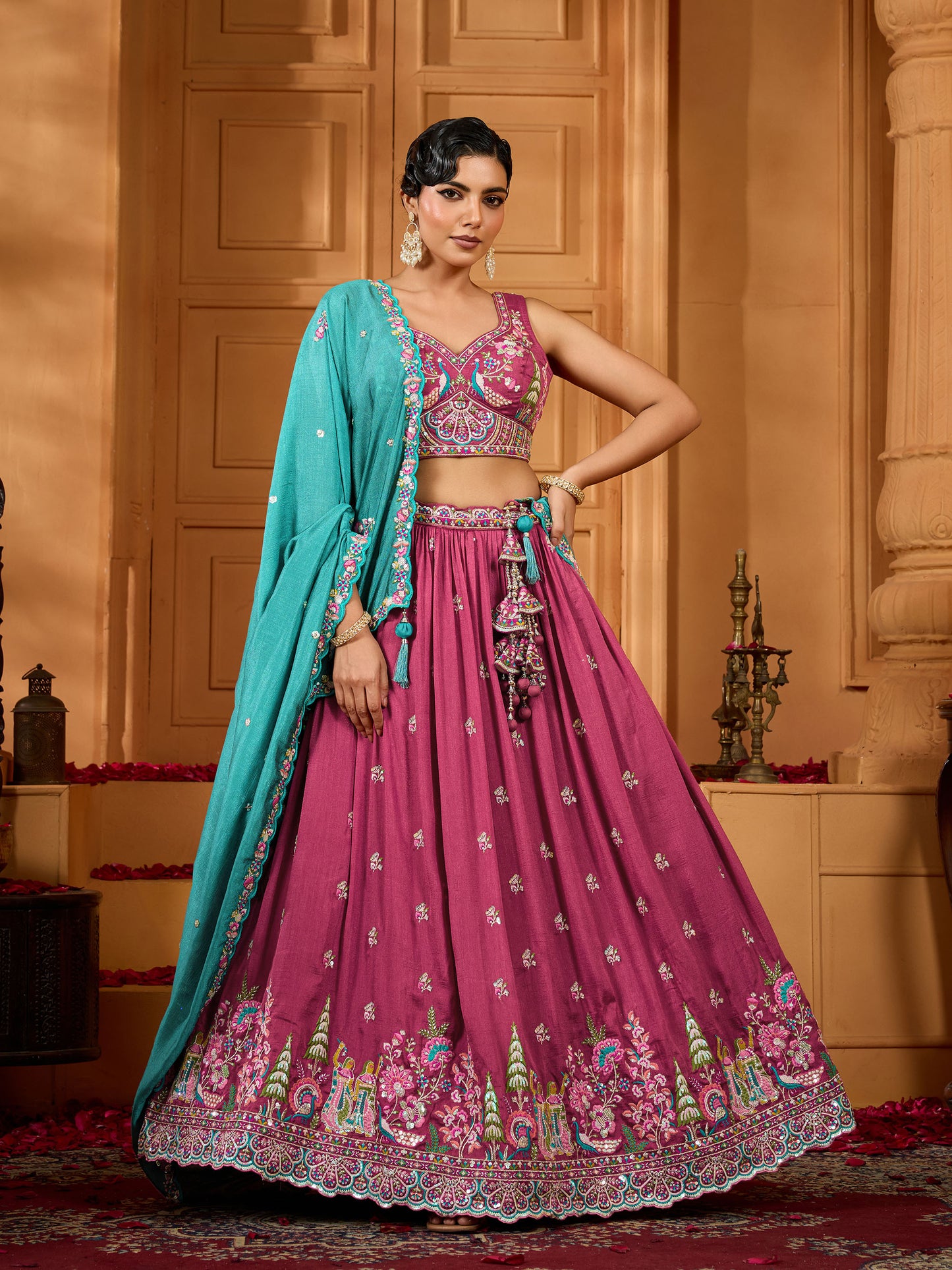 Rose Gold Vichatra Silk Sequins Embroidery Wedding Guest Lehenga