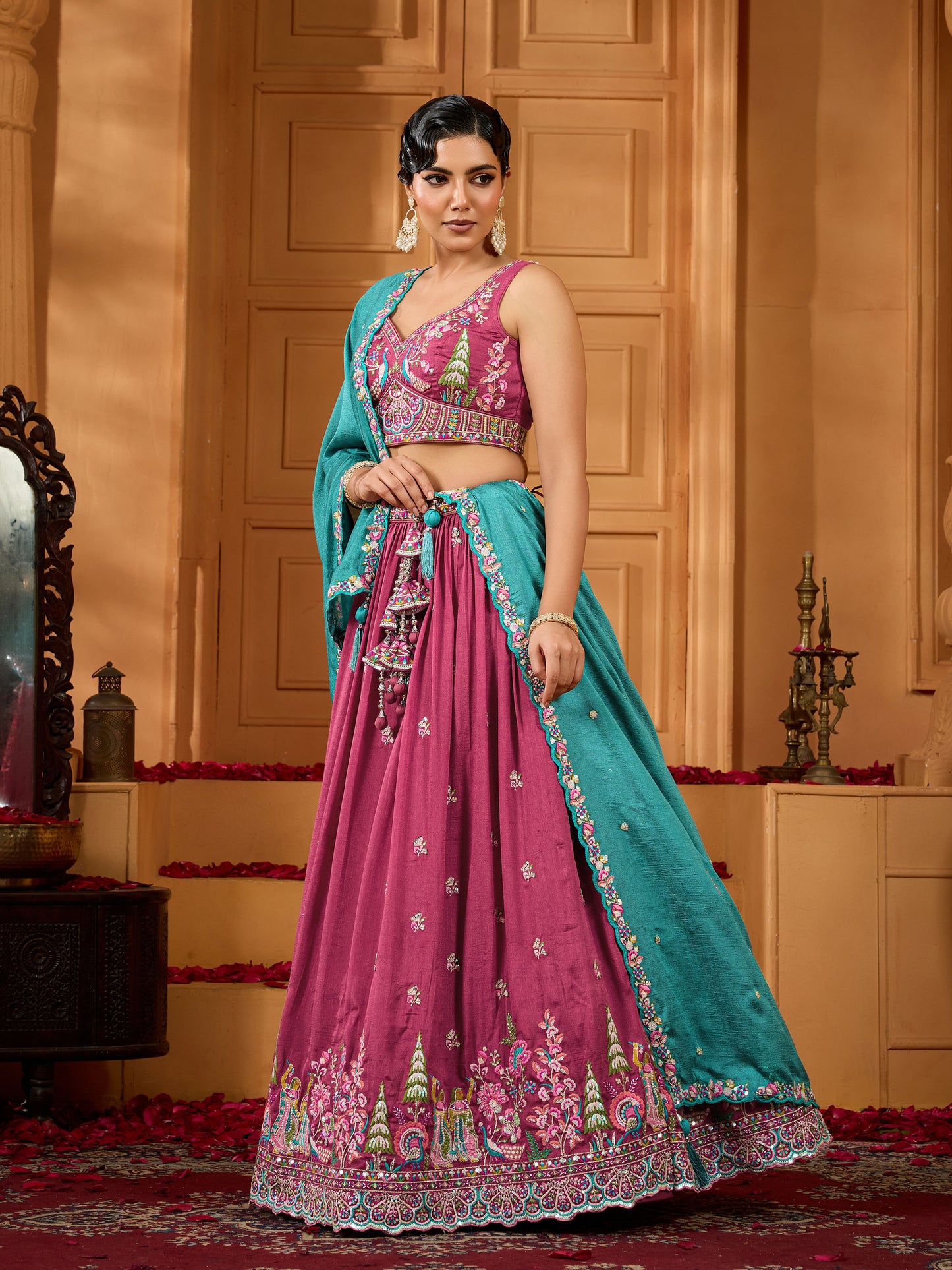 Rose Gold Vichatra Silk Sequins Embroidery Wedding Guest Lehenga
