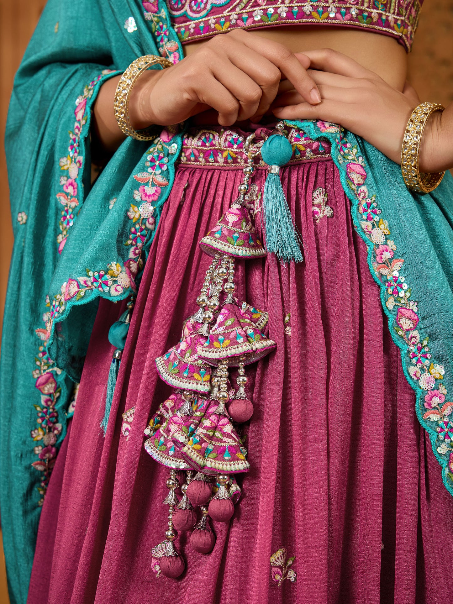 Rose Gold Vichatra Silk Sequins Embroidery Wedding Guest Lehenga