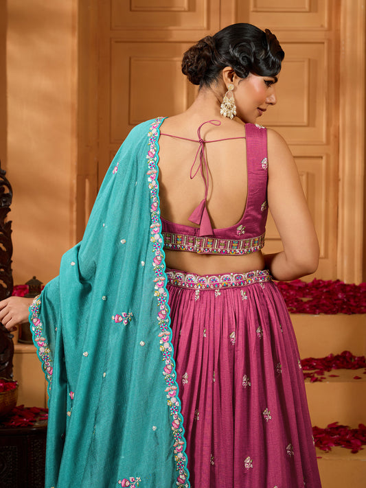 Rose Gold Vichatra Silk Sequins Embroidery Wedding Guest Lehenga