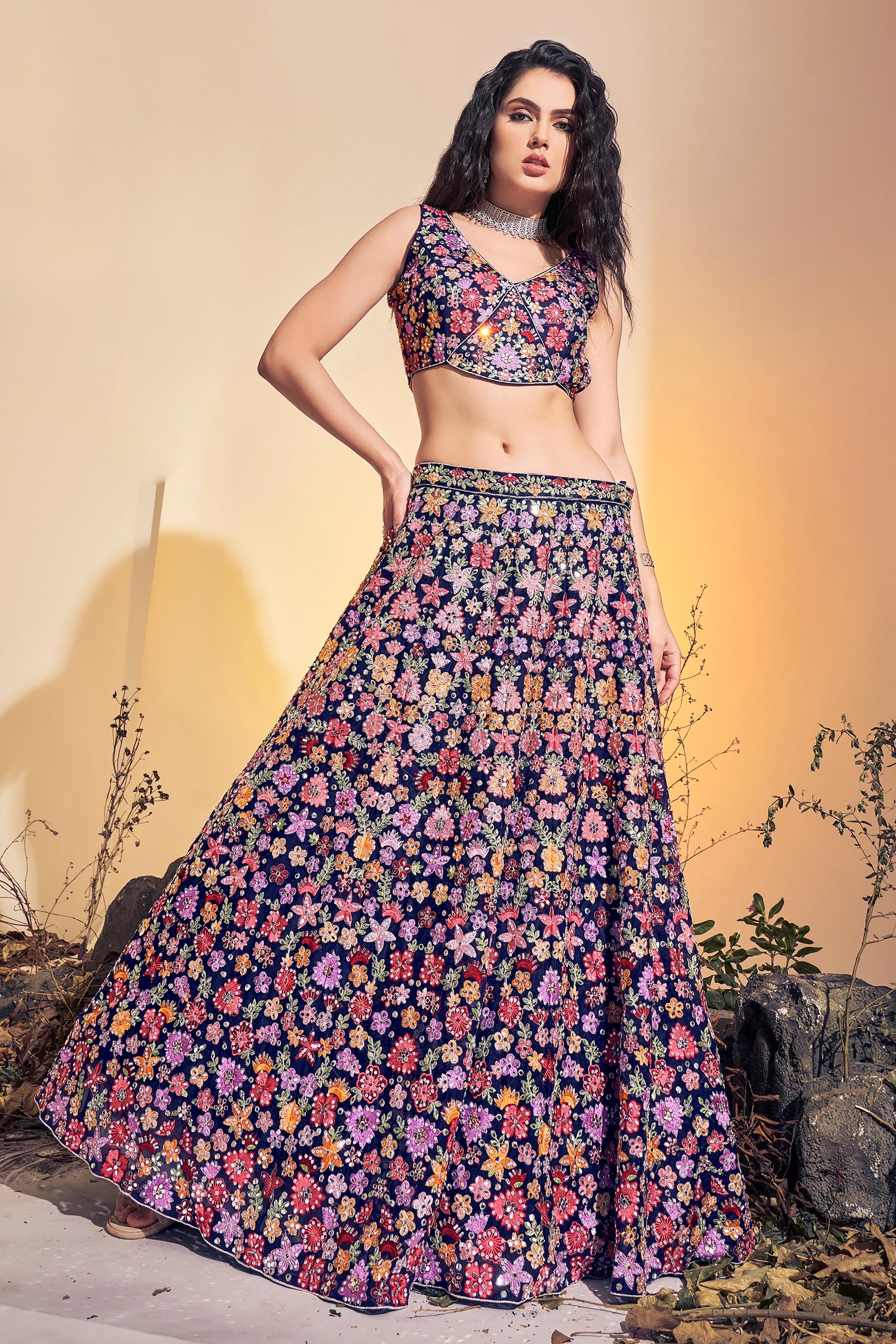Navy Blue Hand Embroidered Net Lehenga for Bridesmaid