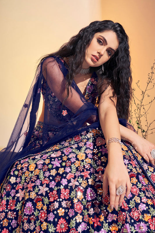 Navy Blue Hand Embroidered Net Lehenga for Bridesmaid