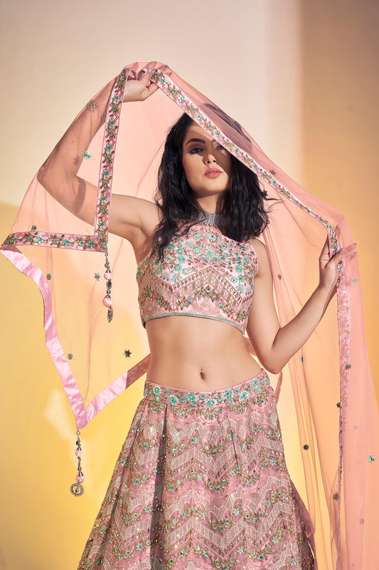 Baby Pink Hand Embroidered Net Lehenga for Sangeet