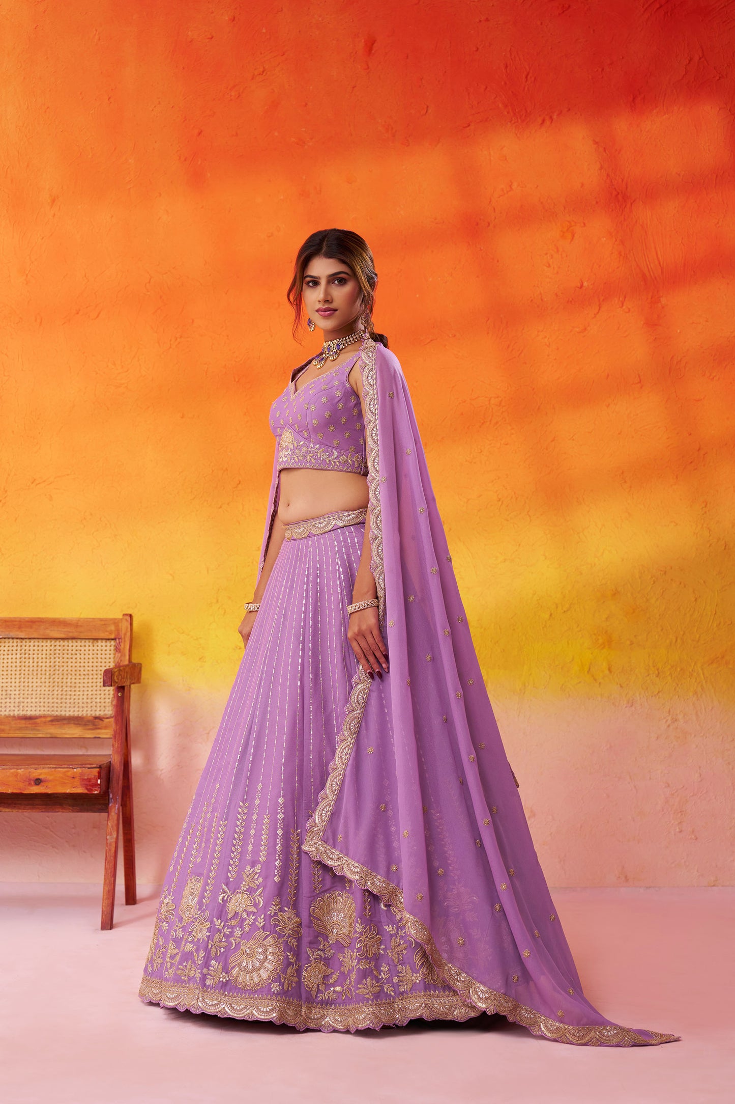 Mauve Tissue Silk Sequins Embroidery Wedding Guest Lehenga