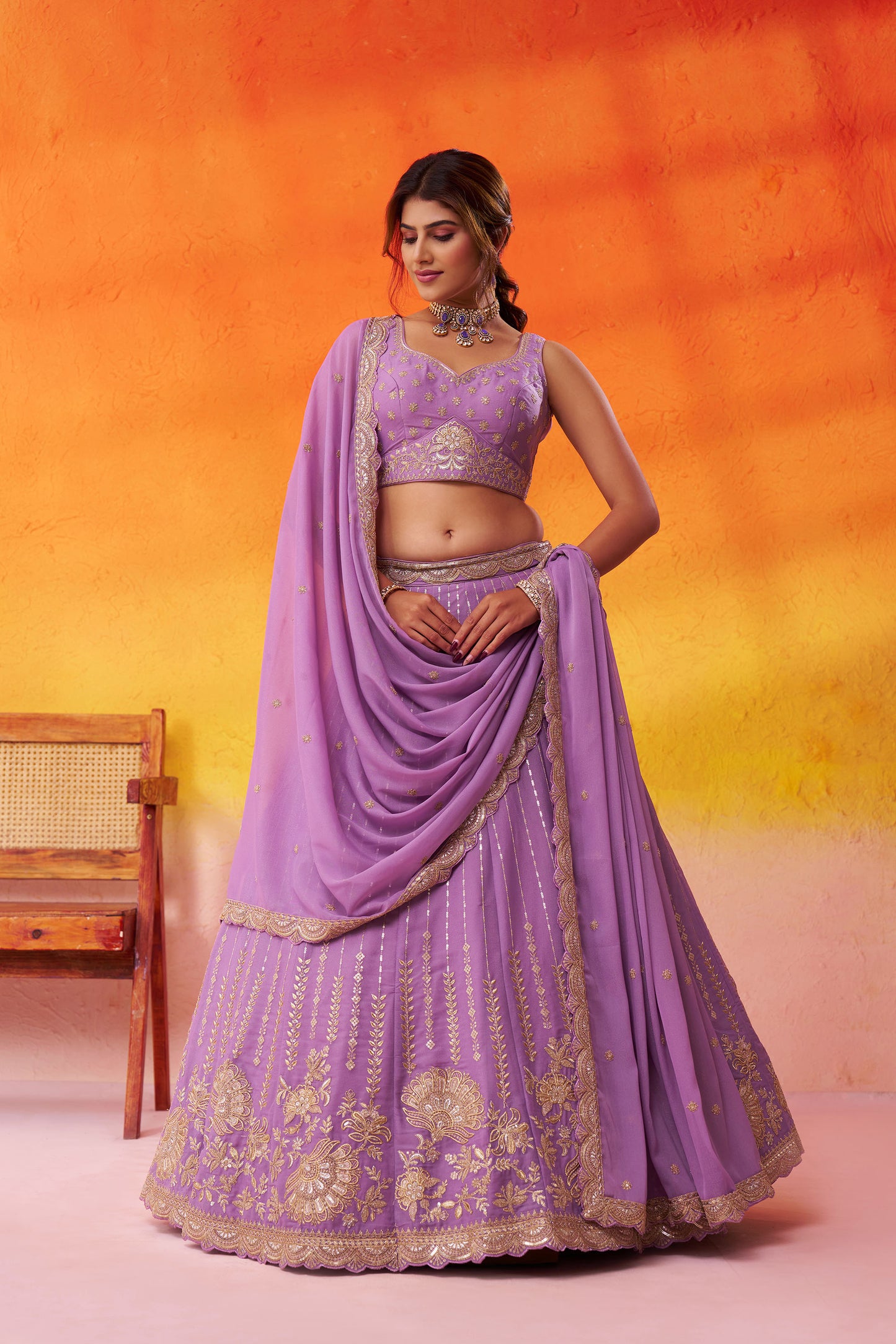 Mauve Tissue Silk Sequins Embroidery Wedding Guest Lehenga