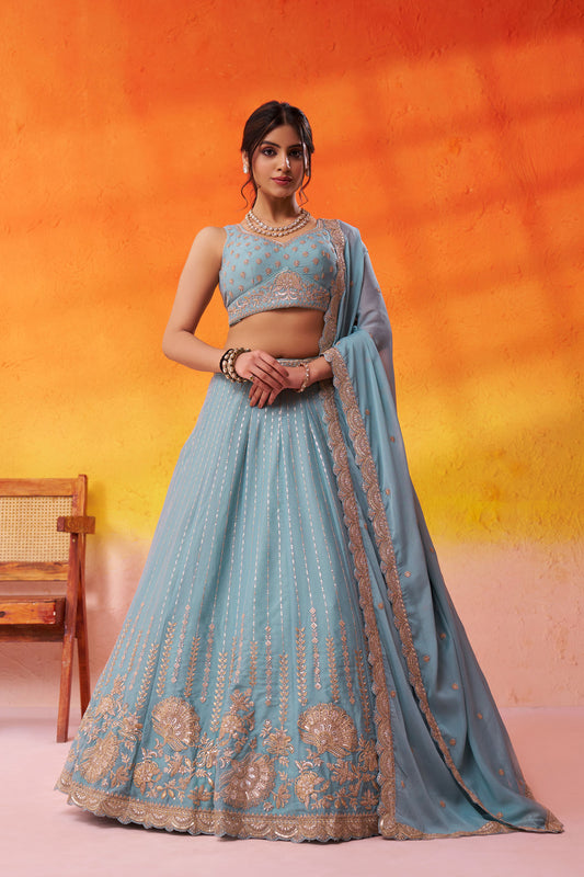 Sea Green Tissue Silk Sequins Embroidery Wedding Guest Lehenga