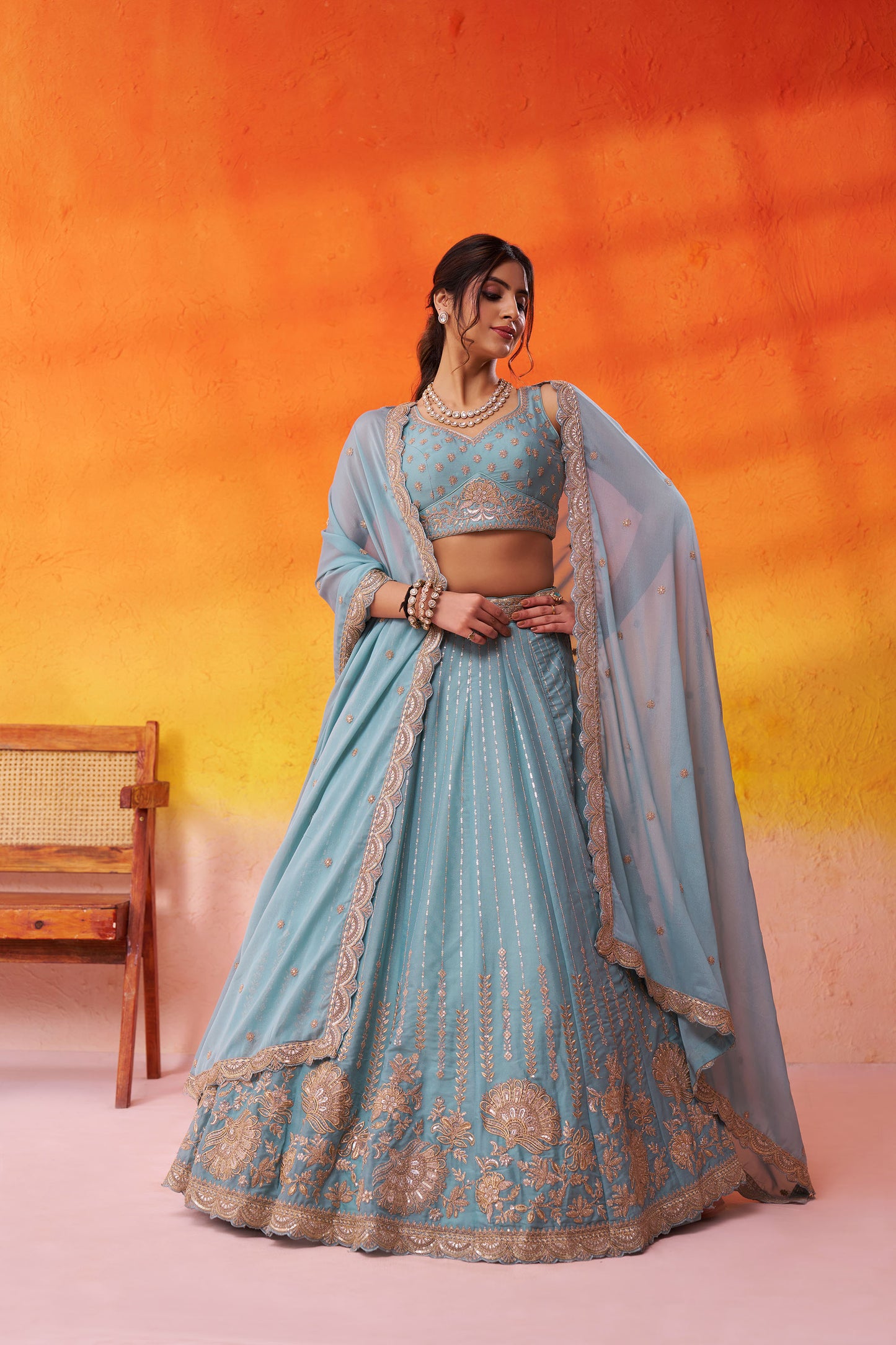 Sea Green Tissue Silk Sequins Embroidery Wedding Guest Lehenga
