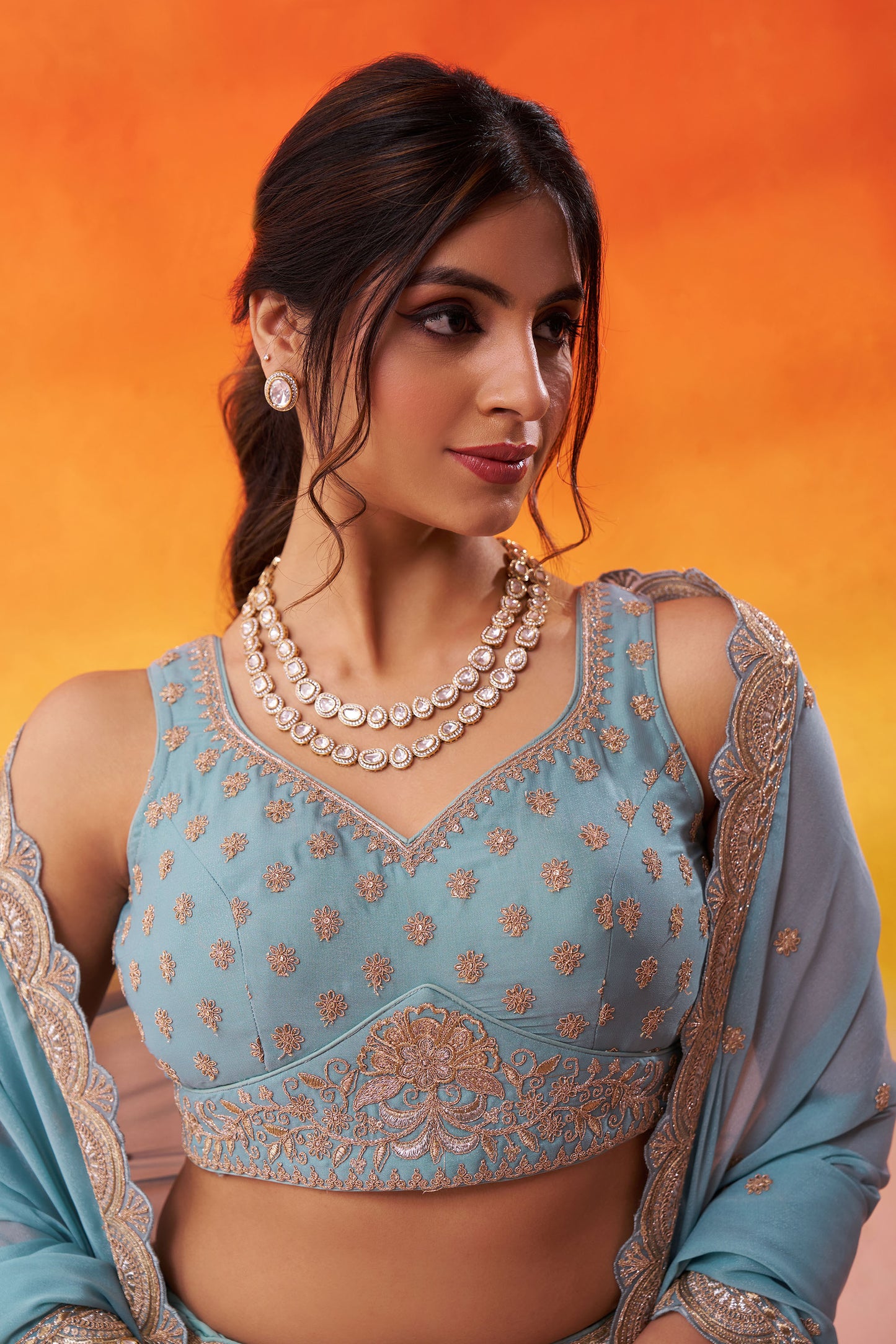 Sea Green Tissue Silk Sequins Embroidery Wedding Guest Lehenga