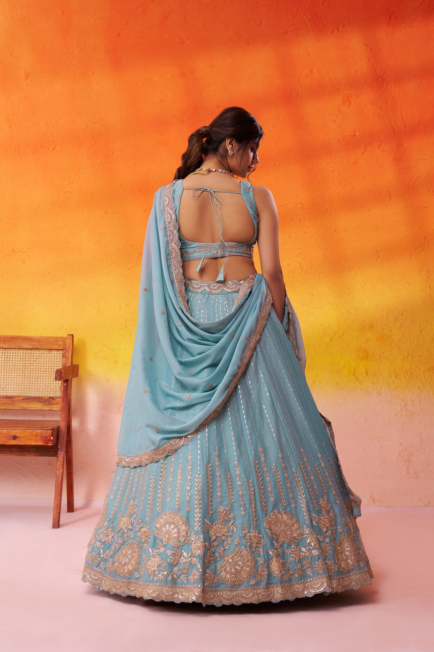 Sea Green Tissue Silk Sequins Embroidery Wedding Guest Lehenga