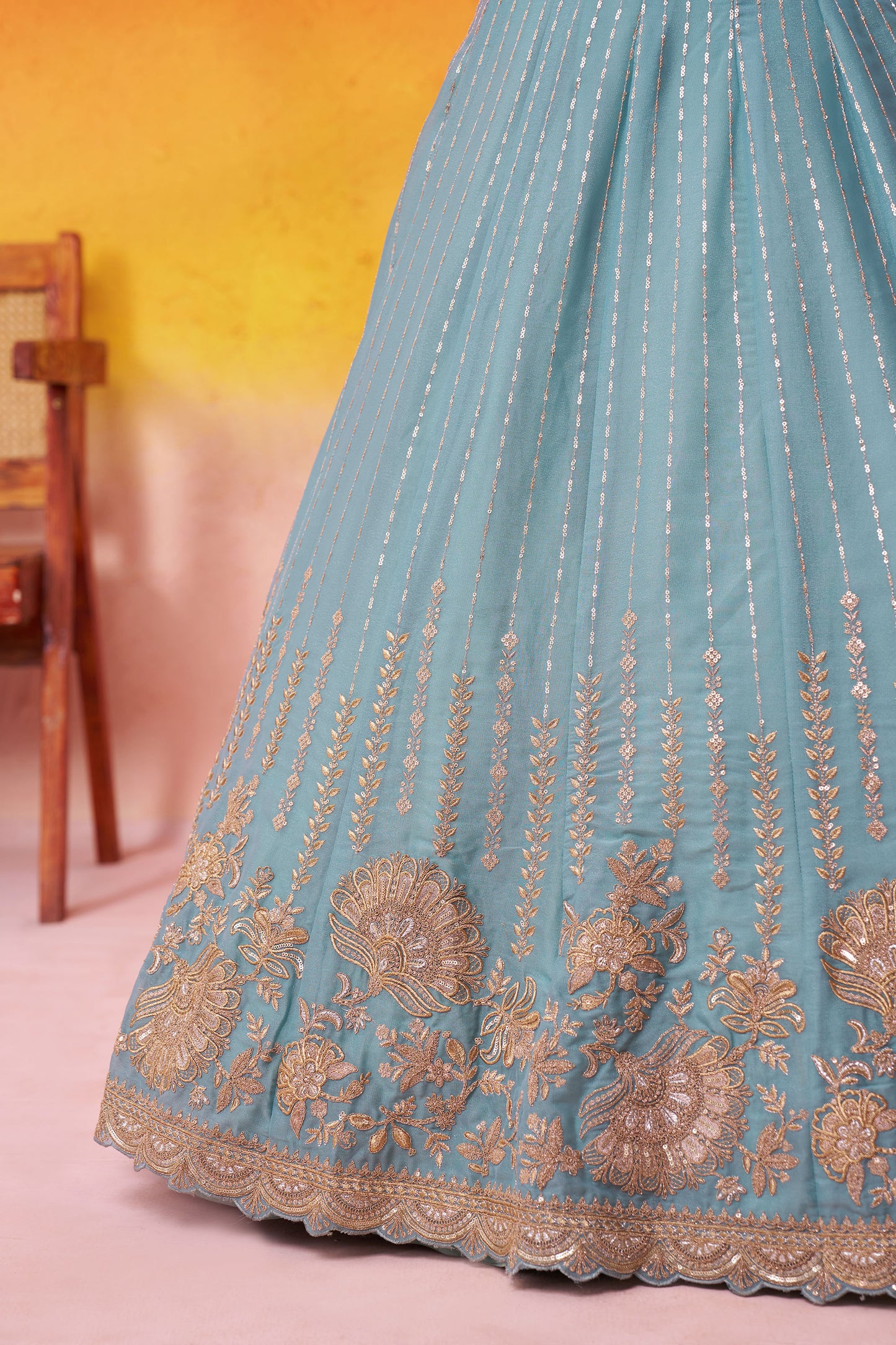 Sea Green Tissue Silk Sequins Embroidery Wedding Guest Lehenga
