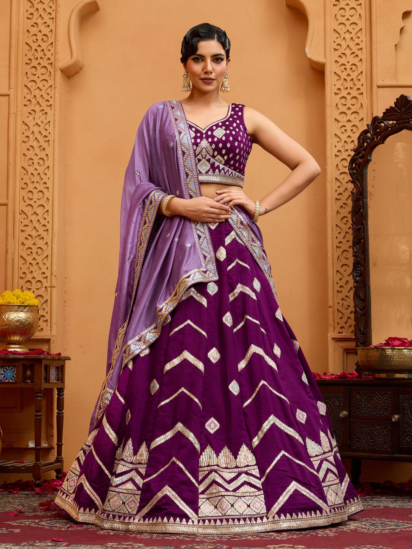Burgundy Silk Sequins Embroidery Lehenga