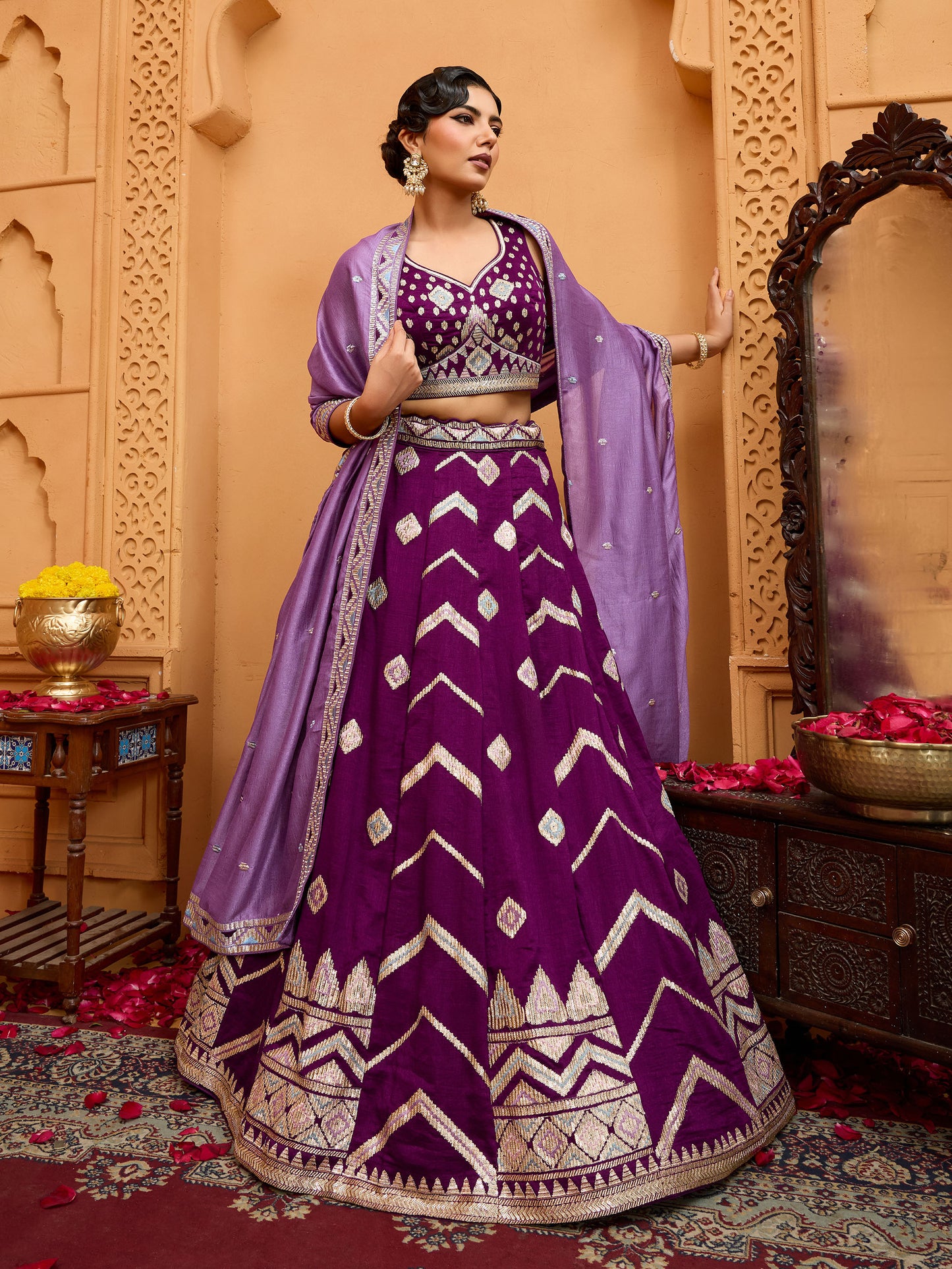 Burgundy Silk Sequins Embroidery Lehenga