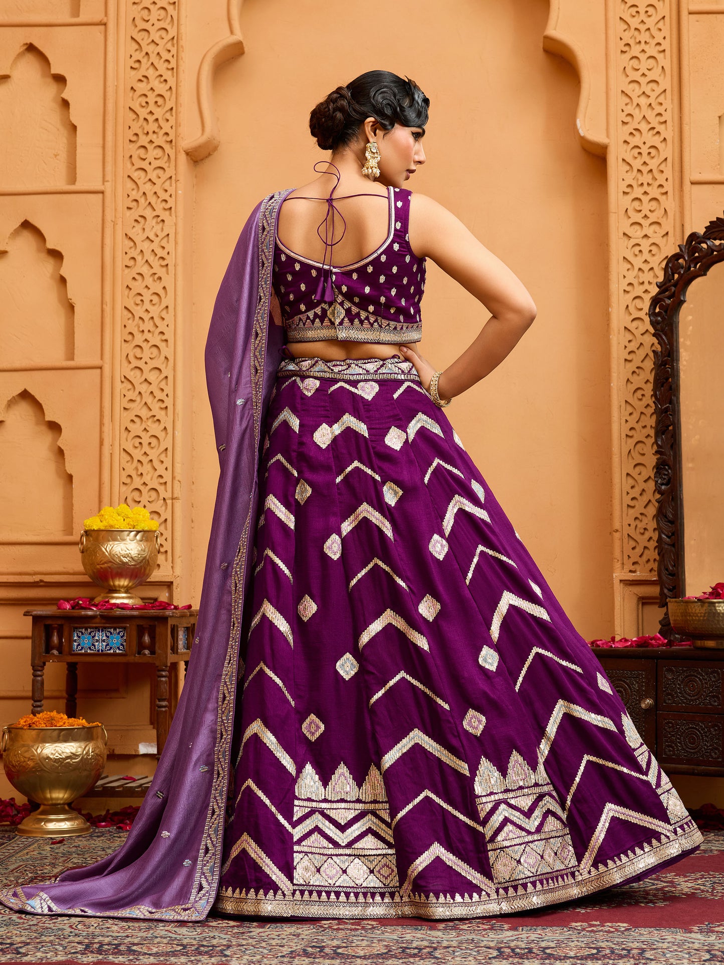 Burgundy Silk Sequins Embroidery Lehenga
