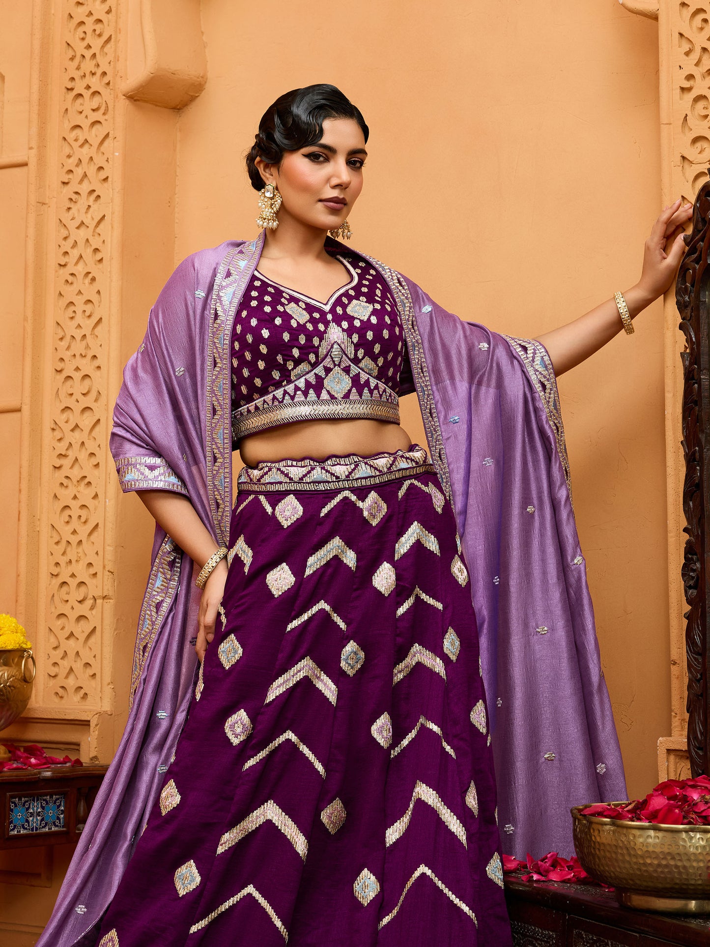 Burgundy Silk Sequins Embroidery Lehenga