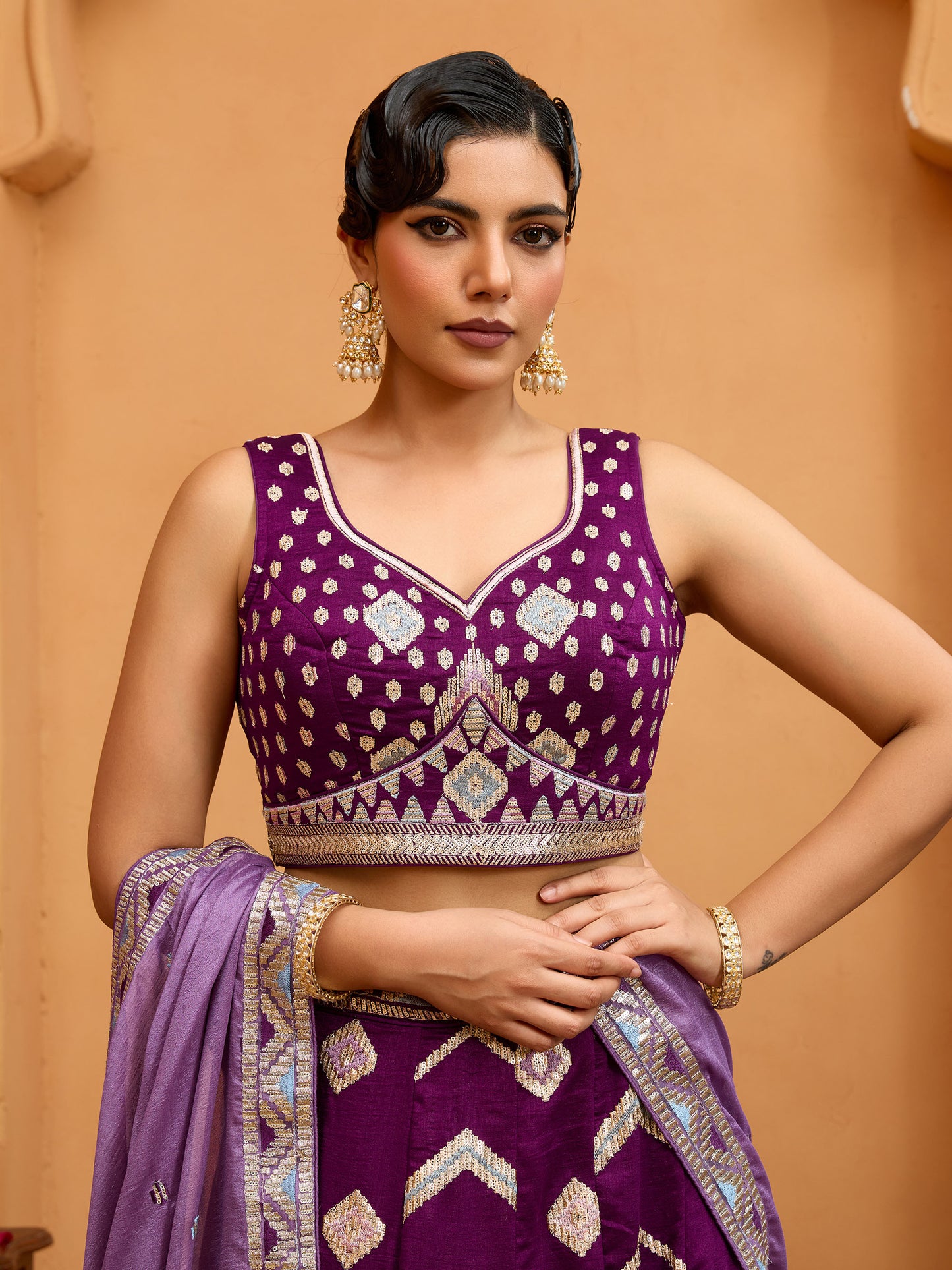 Burgundy Silk Sequins Embroidery Lehenga