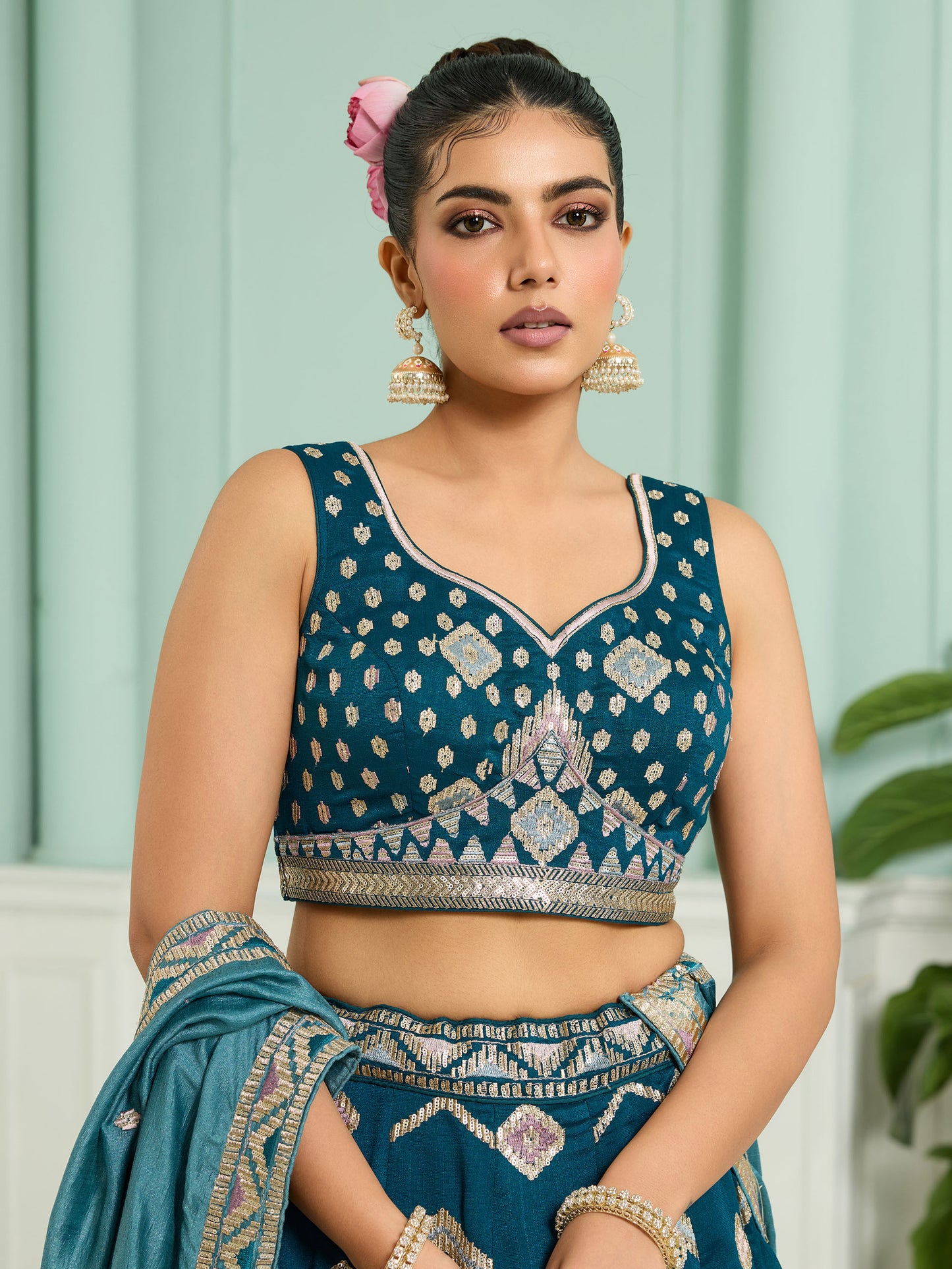 Teal Blue Silk Sequins Embroidery Lehenga