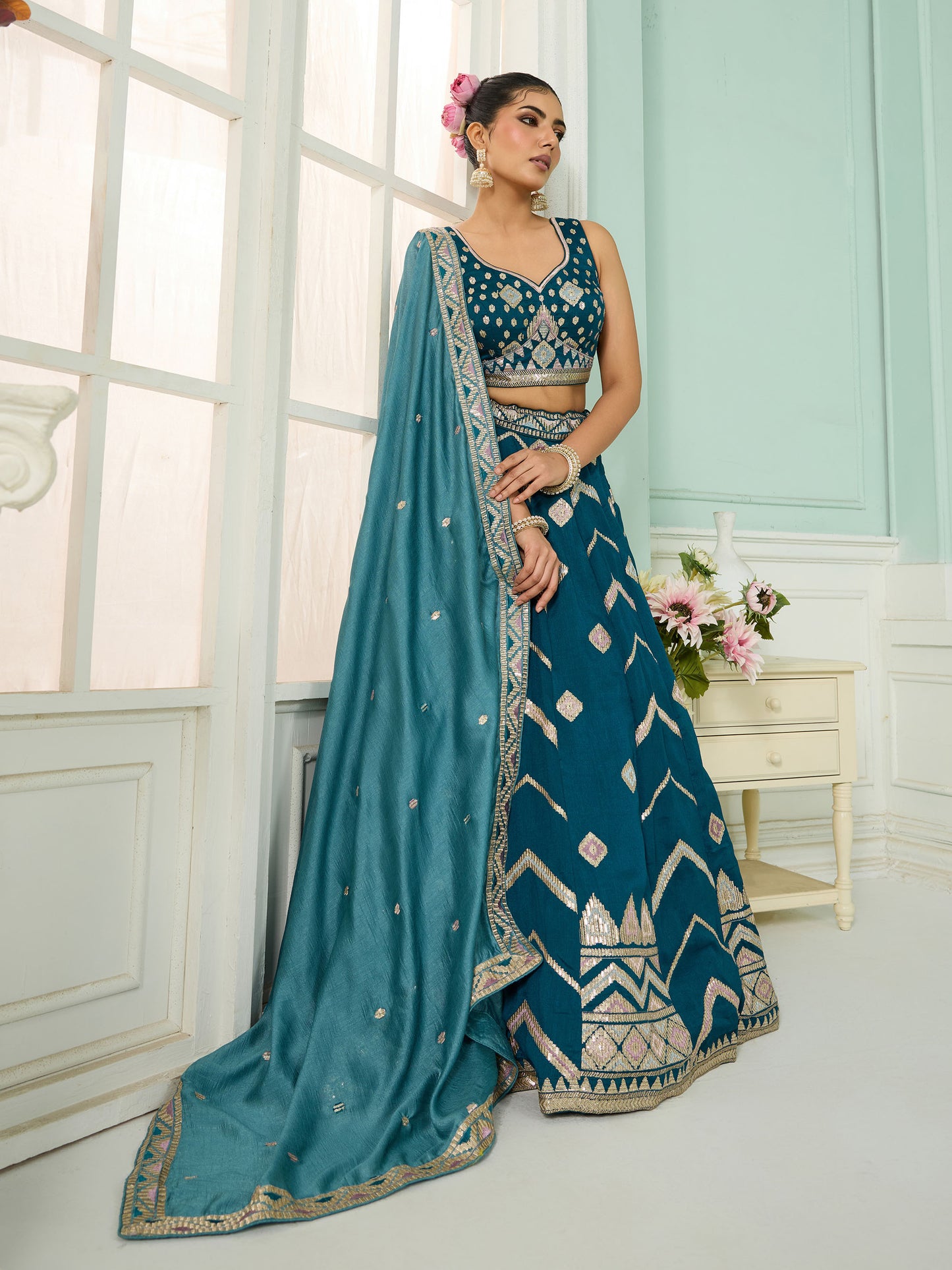 Teal Blue Silk Sequins Embroidery Lehenga