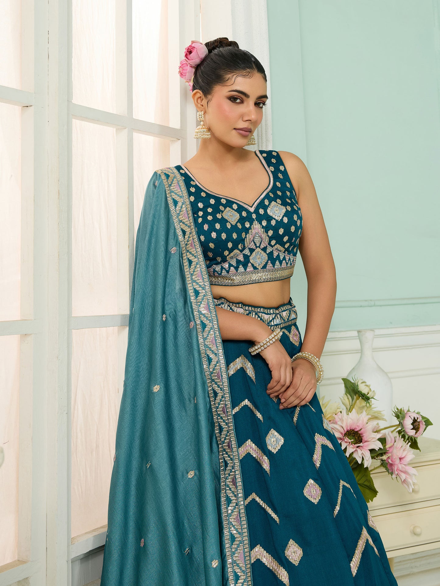 Teal Blue Silk Sequins Embroidery Lehenga