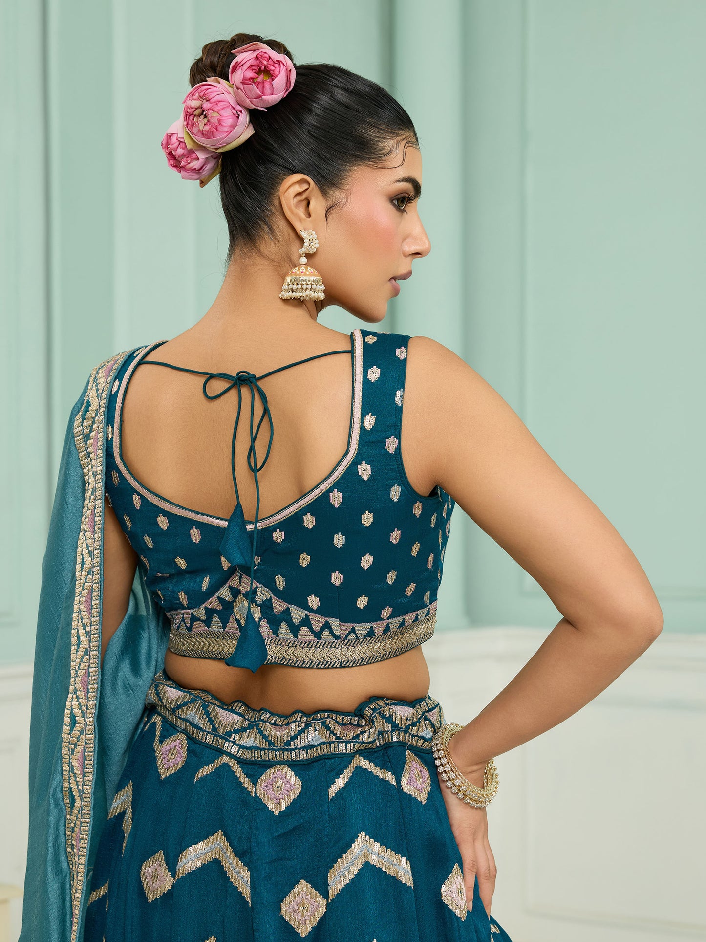 Teal Blue Silk Sequins Embroidery Lehenga