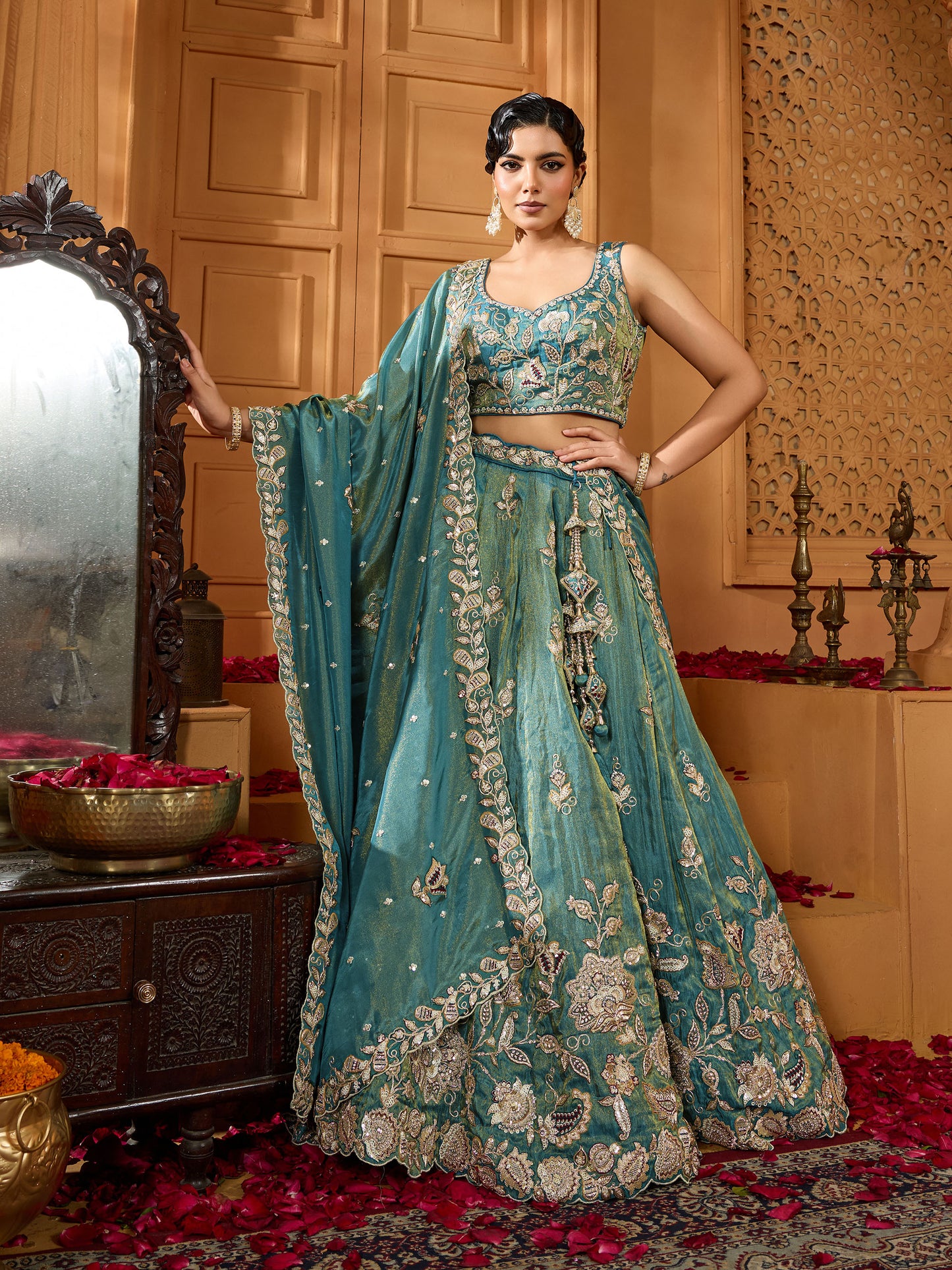 Green Tissue Sequins Embroidery Bridesmaid Lehenga for Wedding