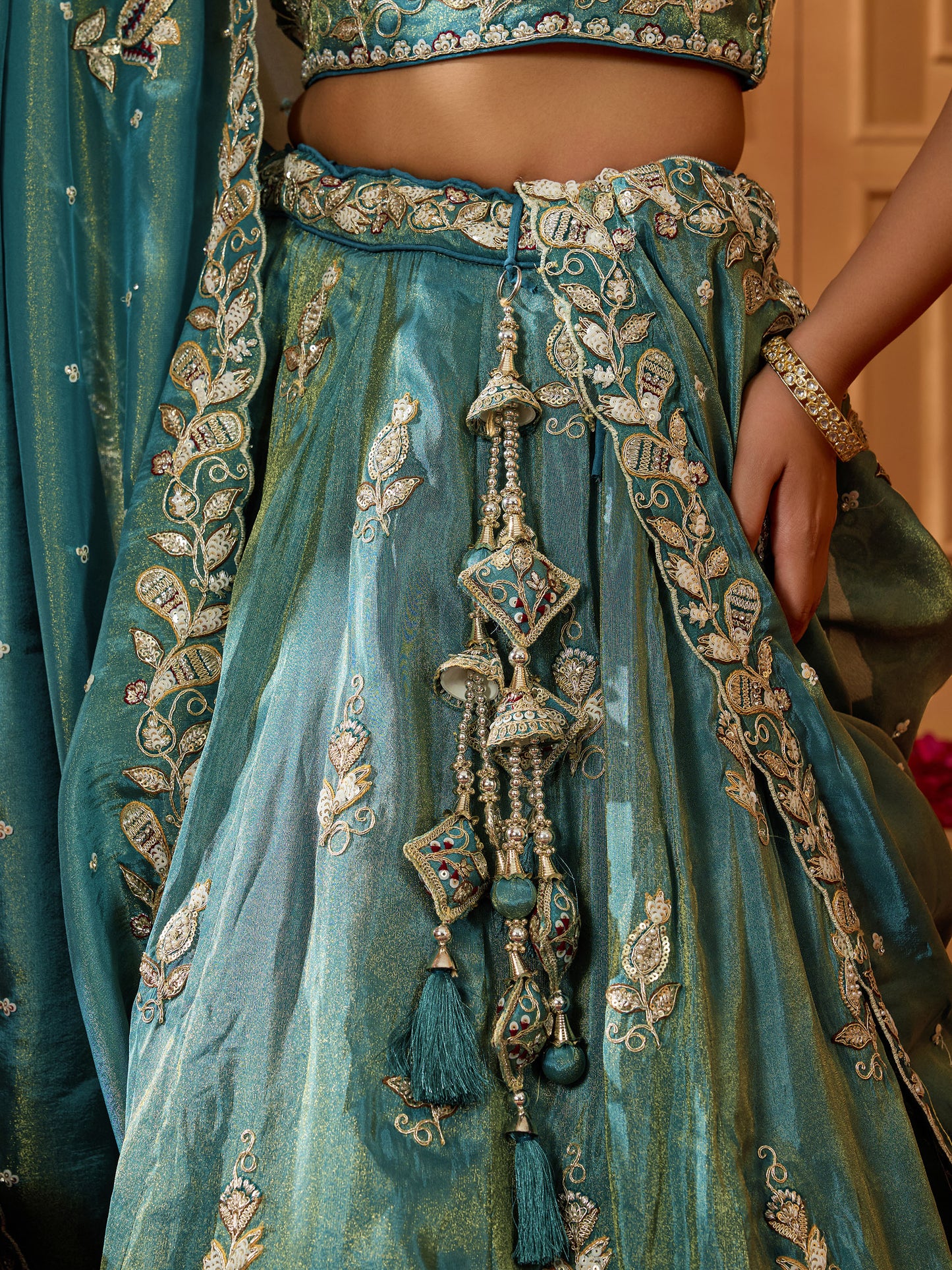 Green Tissue Sequins Embroidery Bridesmaid Lehenga for Wedding